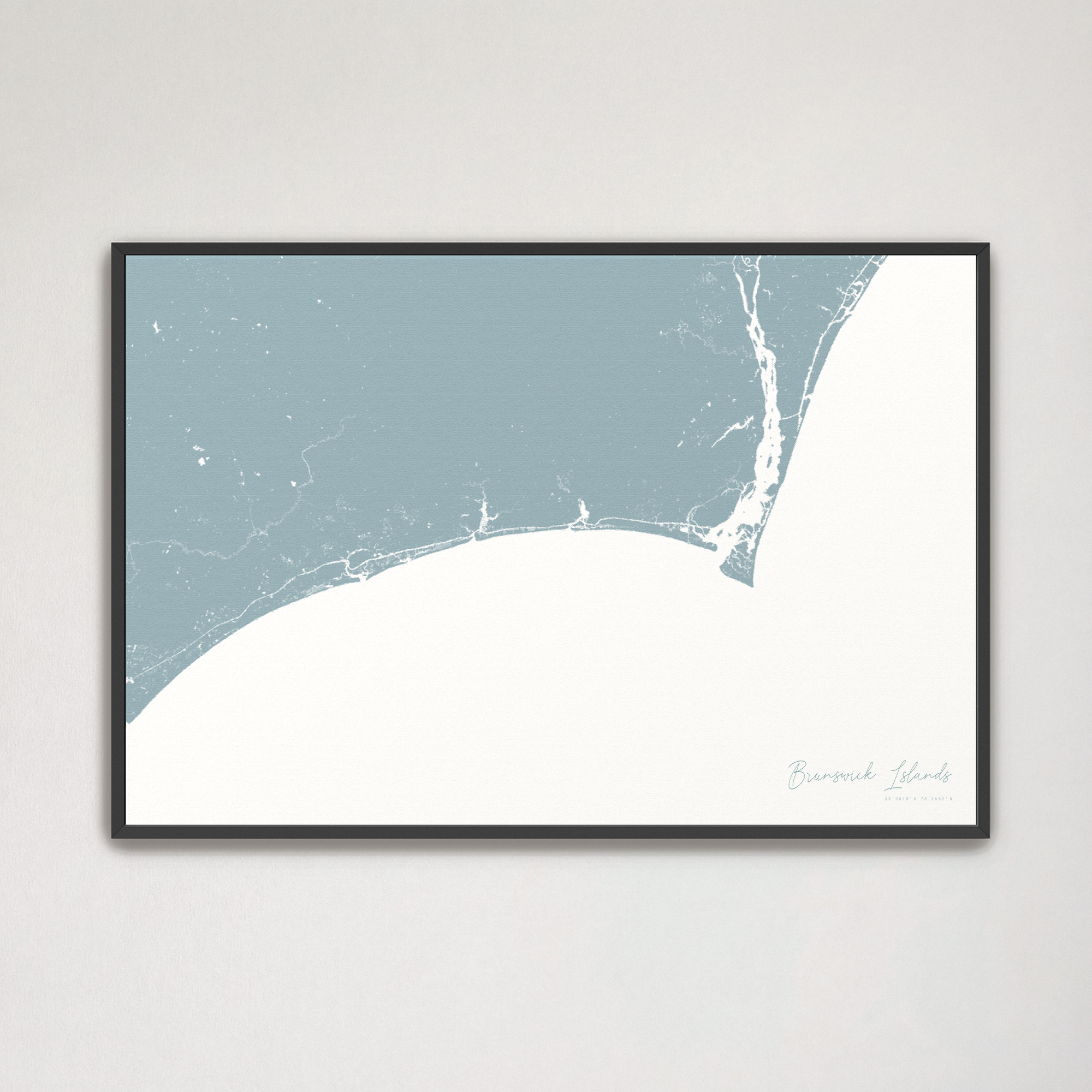 Brunswick Islands Coastal Map — Canvas Horizontal, soft-blue, Black Frame