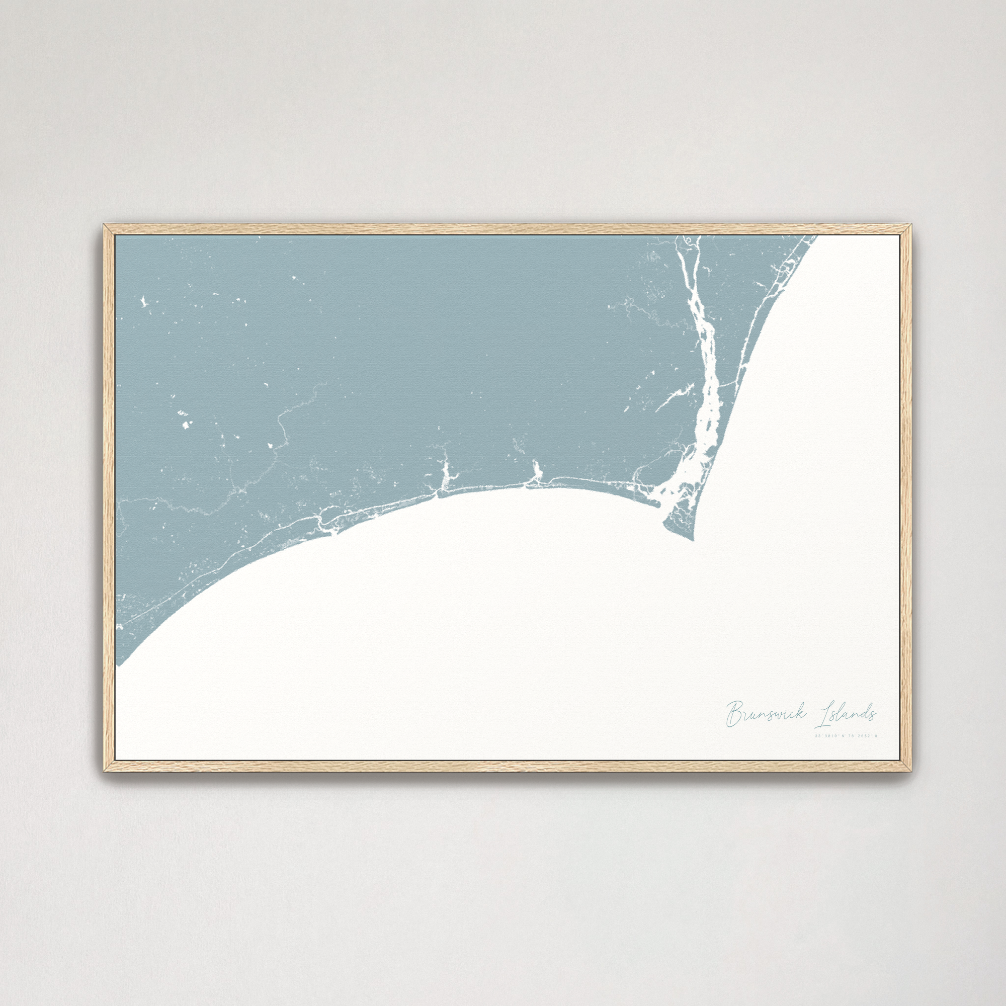 Brunswick Islands Coastal Map — Canvas Horizontal, soft-blue, Natural Oak