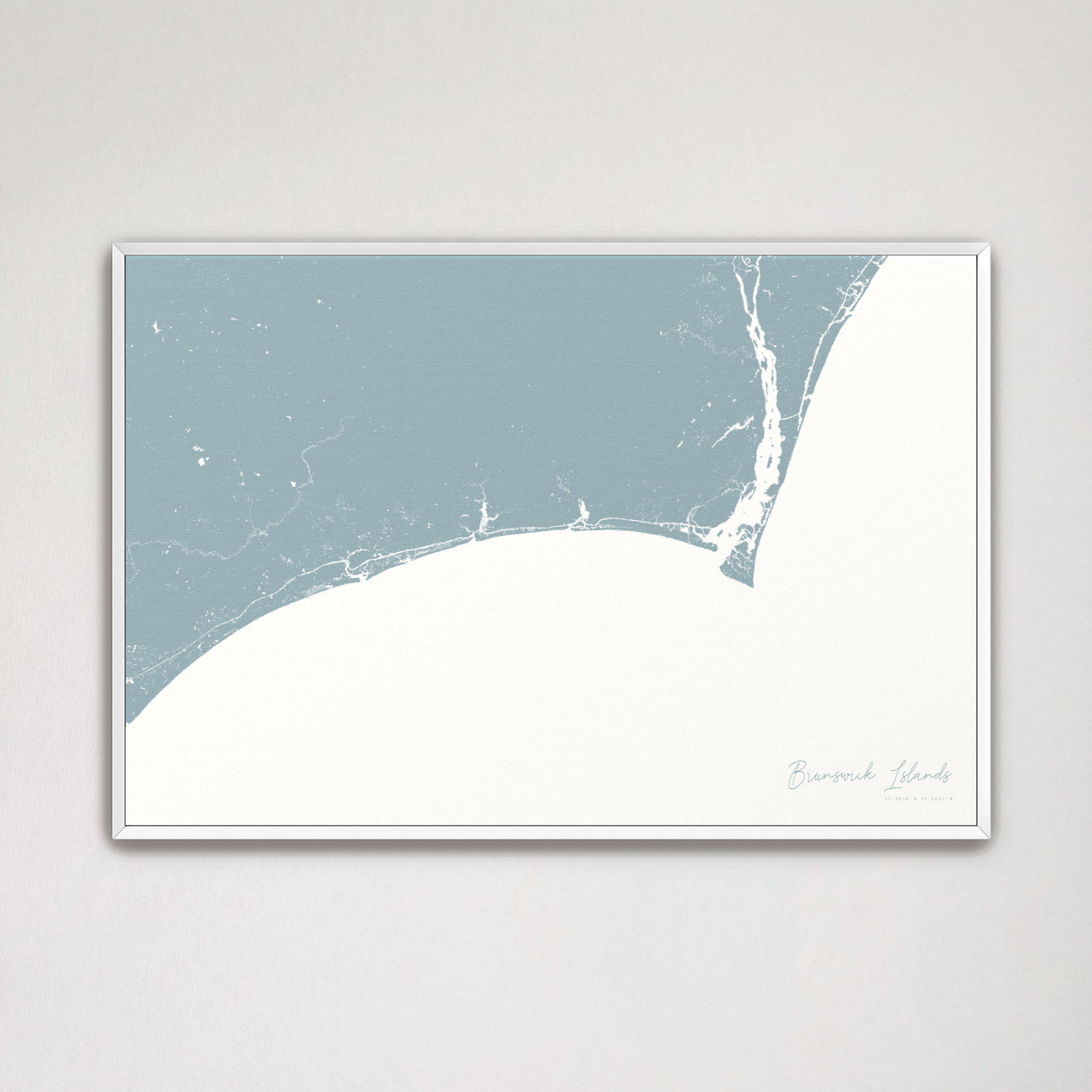 Brunswick Islands Coastal Map — Canvas Horizontal, soft-blue, White Frame
