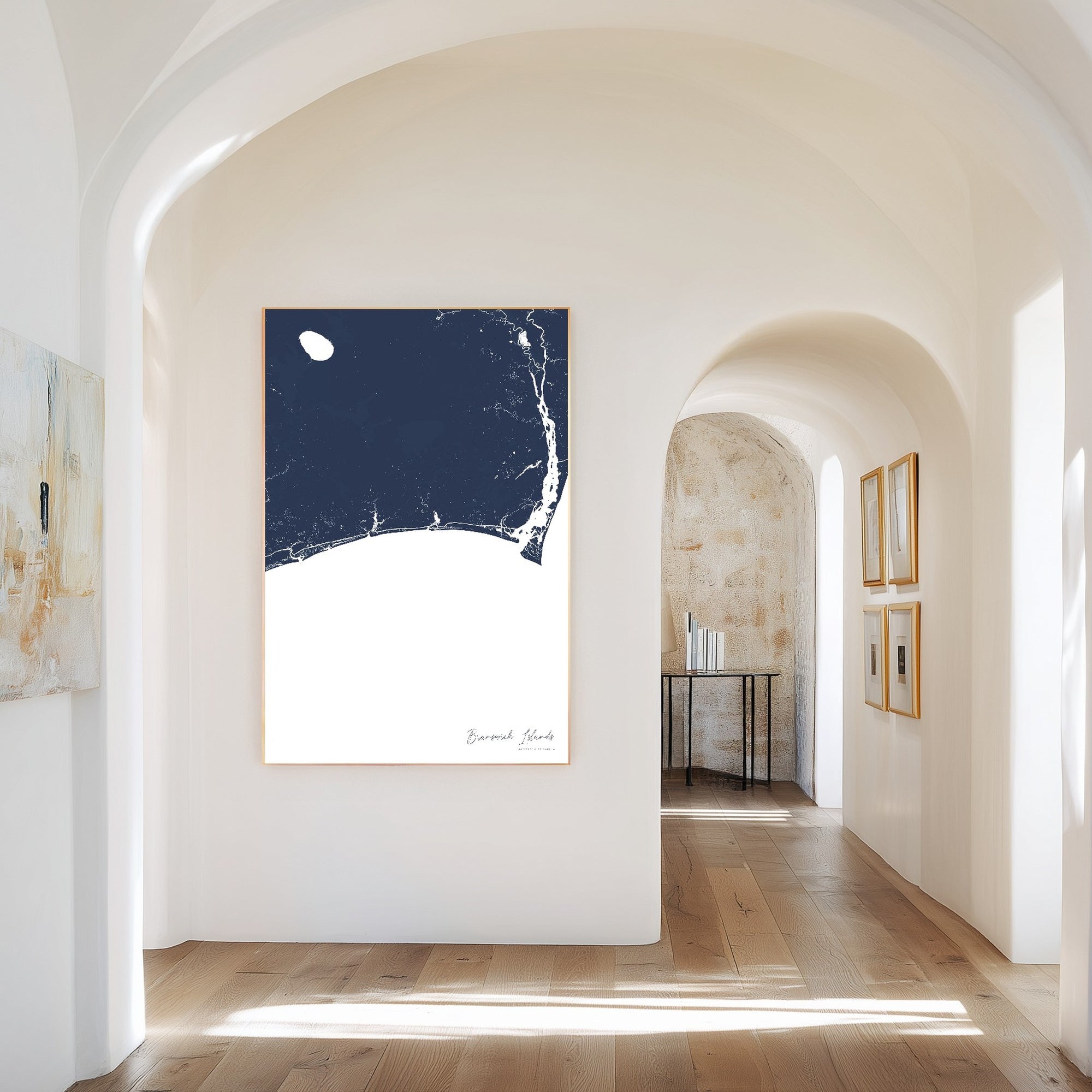 Brunswick Islands navy vertical canvas map in the Bello mixed room scene