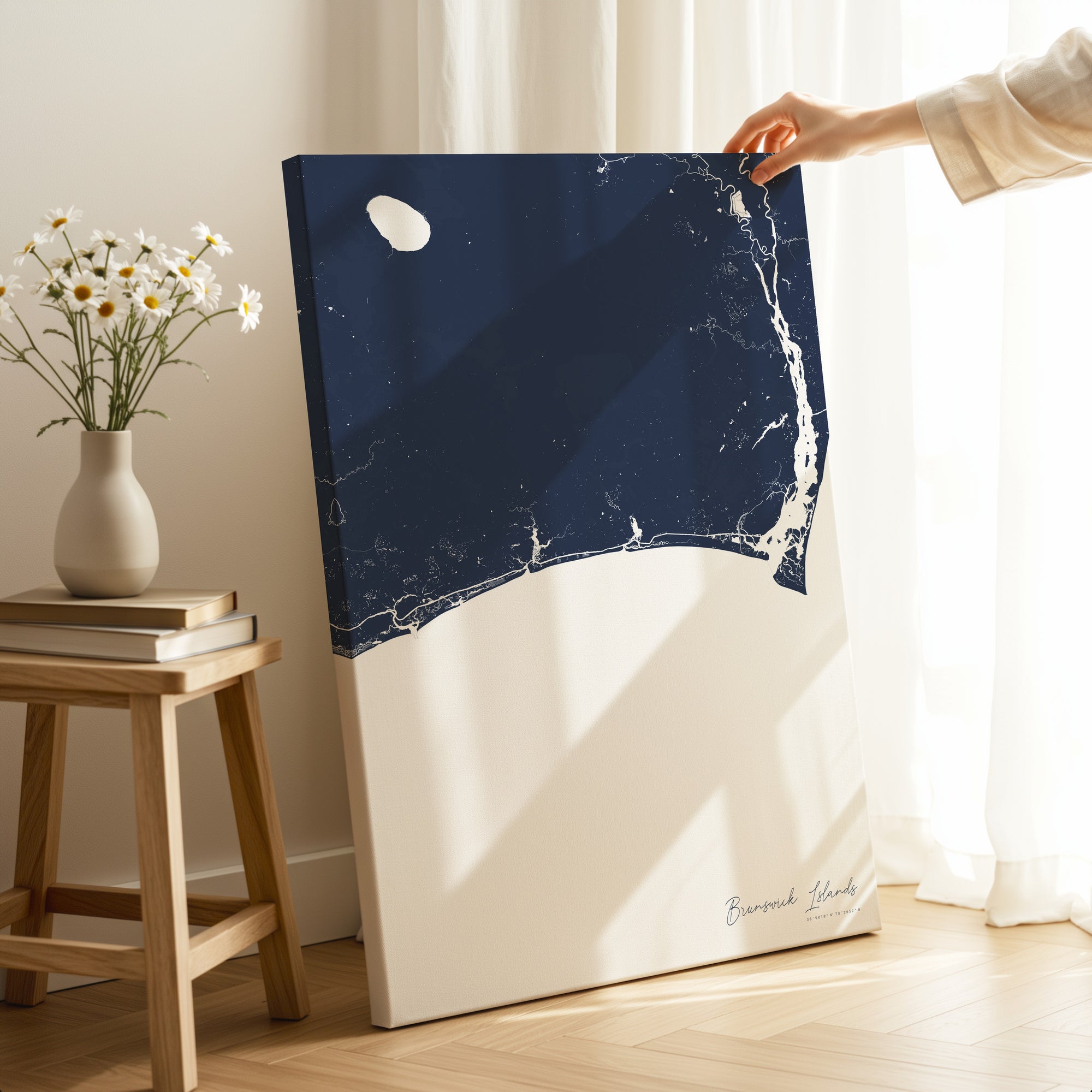 Brunswick Islands navy vertical wrapped canvas map in the ratio 2:3 hand mockup