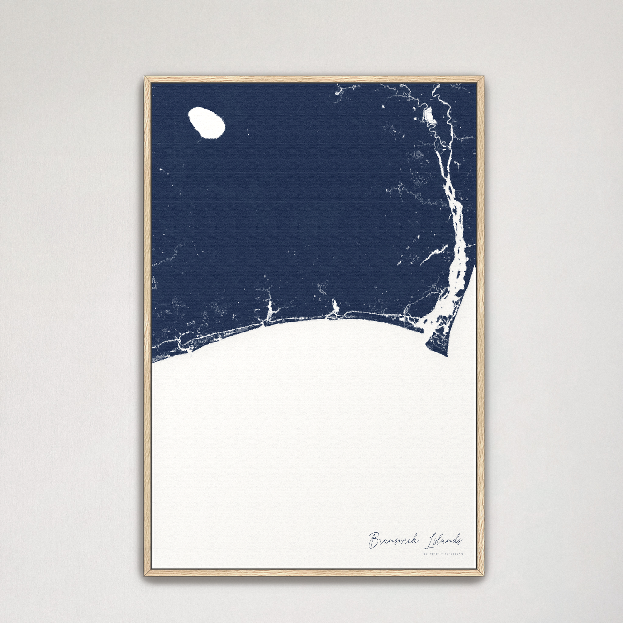Brunswick Islands Coastal Map — Canvas Vertical, navy, Natural Oak