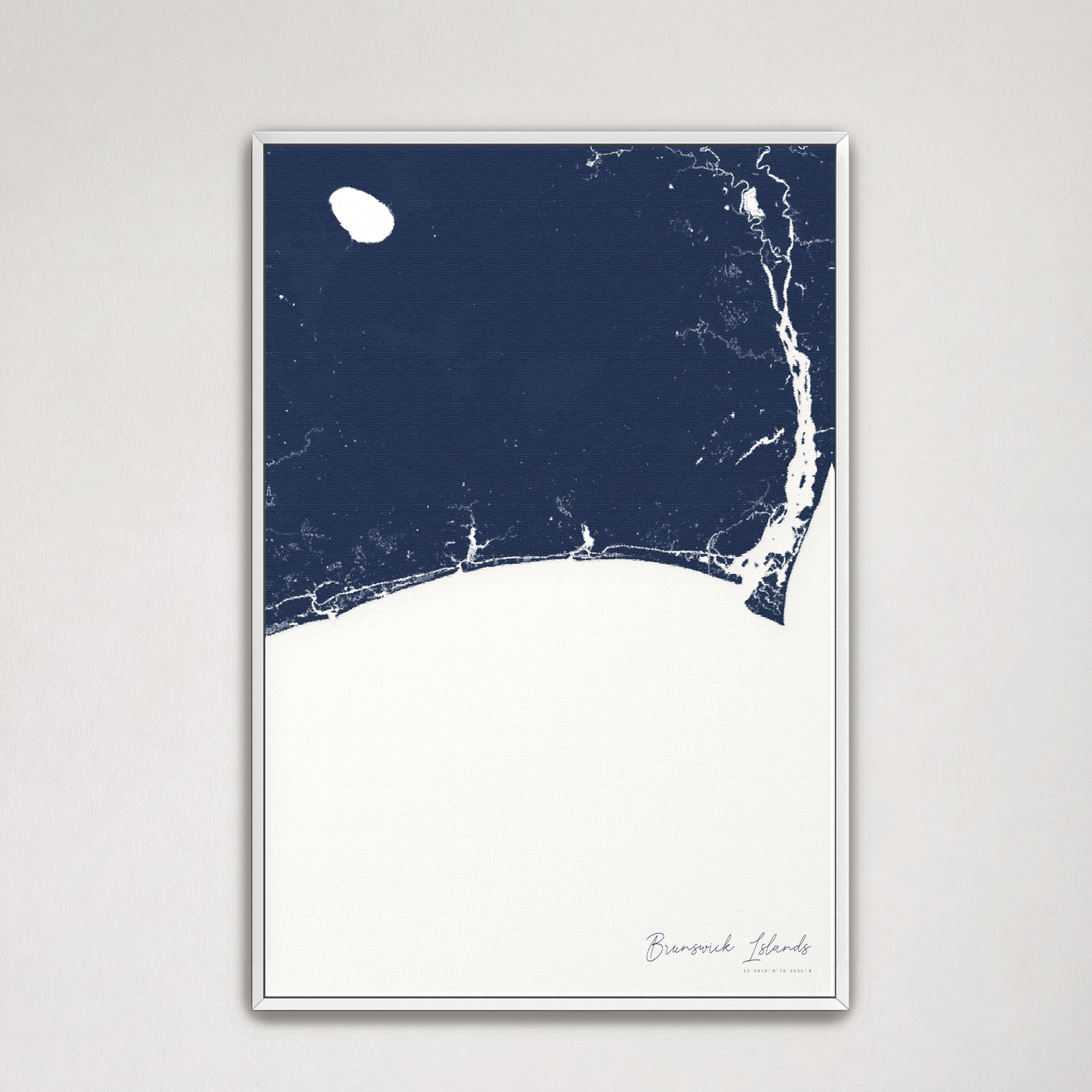 Brunswick Islands Coastal Map — Canvas Vertical, navy, White Frame