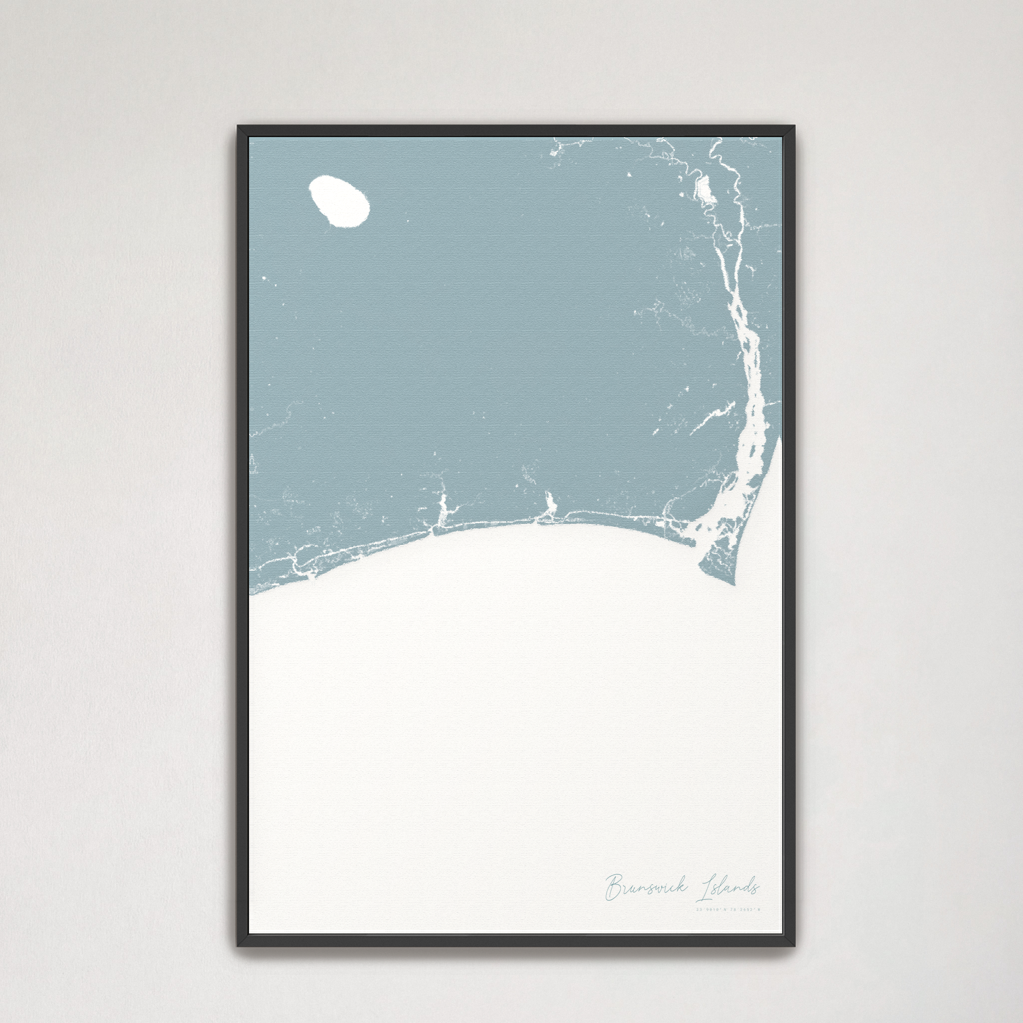 Brunswick Islands Coastal Map — Canvas Vertical, soft-blue, Black Frame