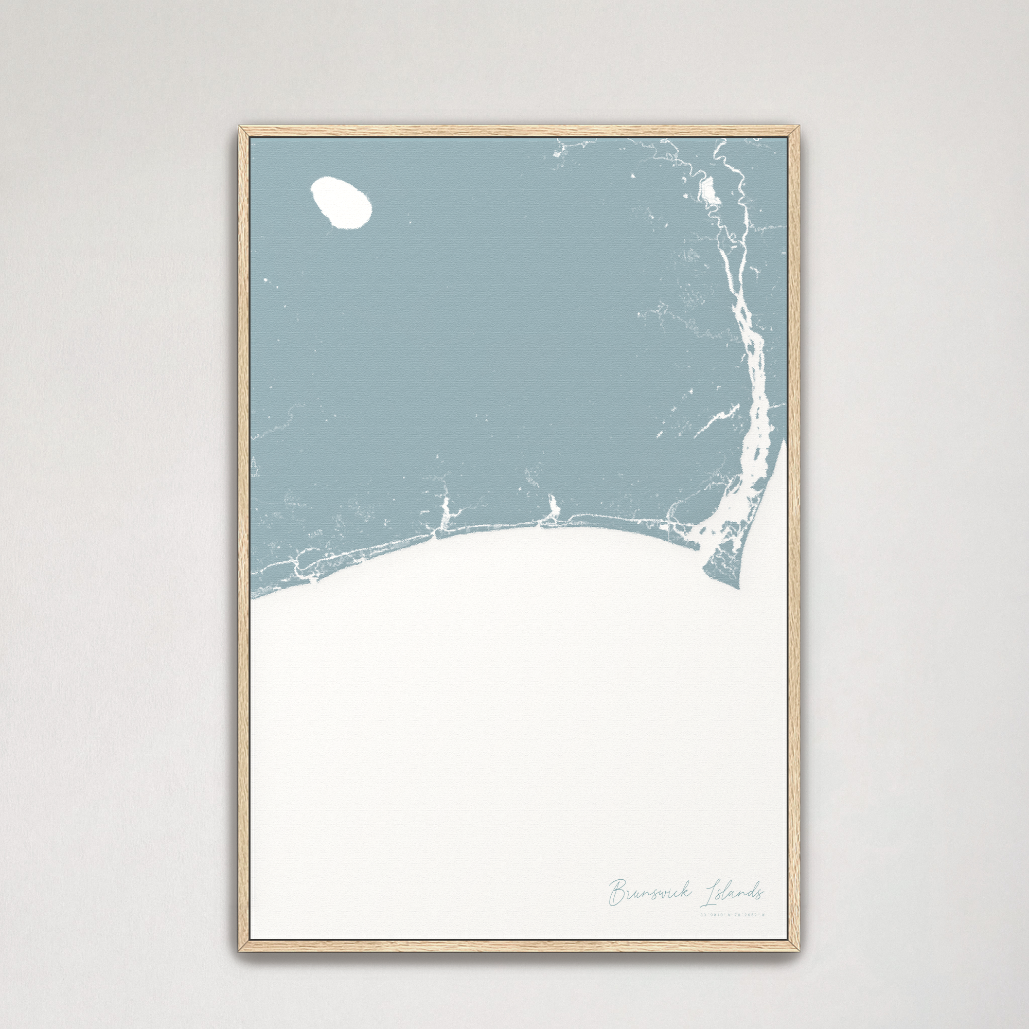 Brunswick Islands Coastal Map — Canvas Vertical, soft-blue, Natural Oak