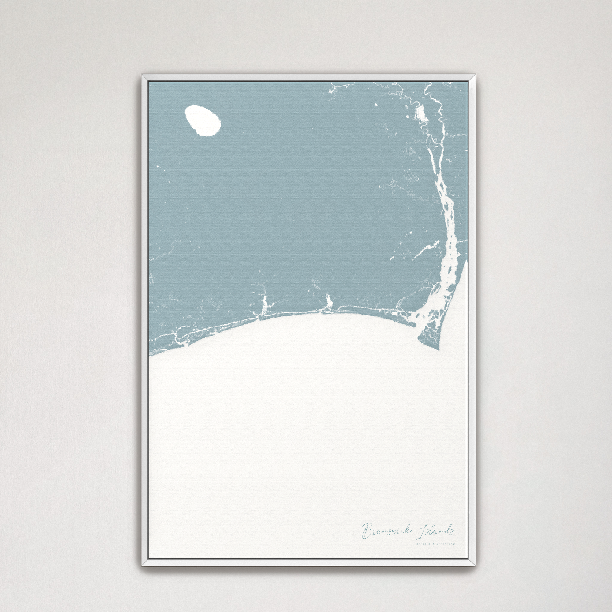 Brunswick Islands Coastal Map — Canvas Vertical, soft-blue, White Frame