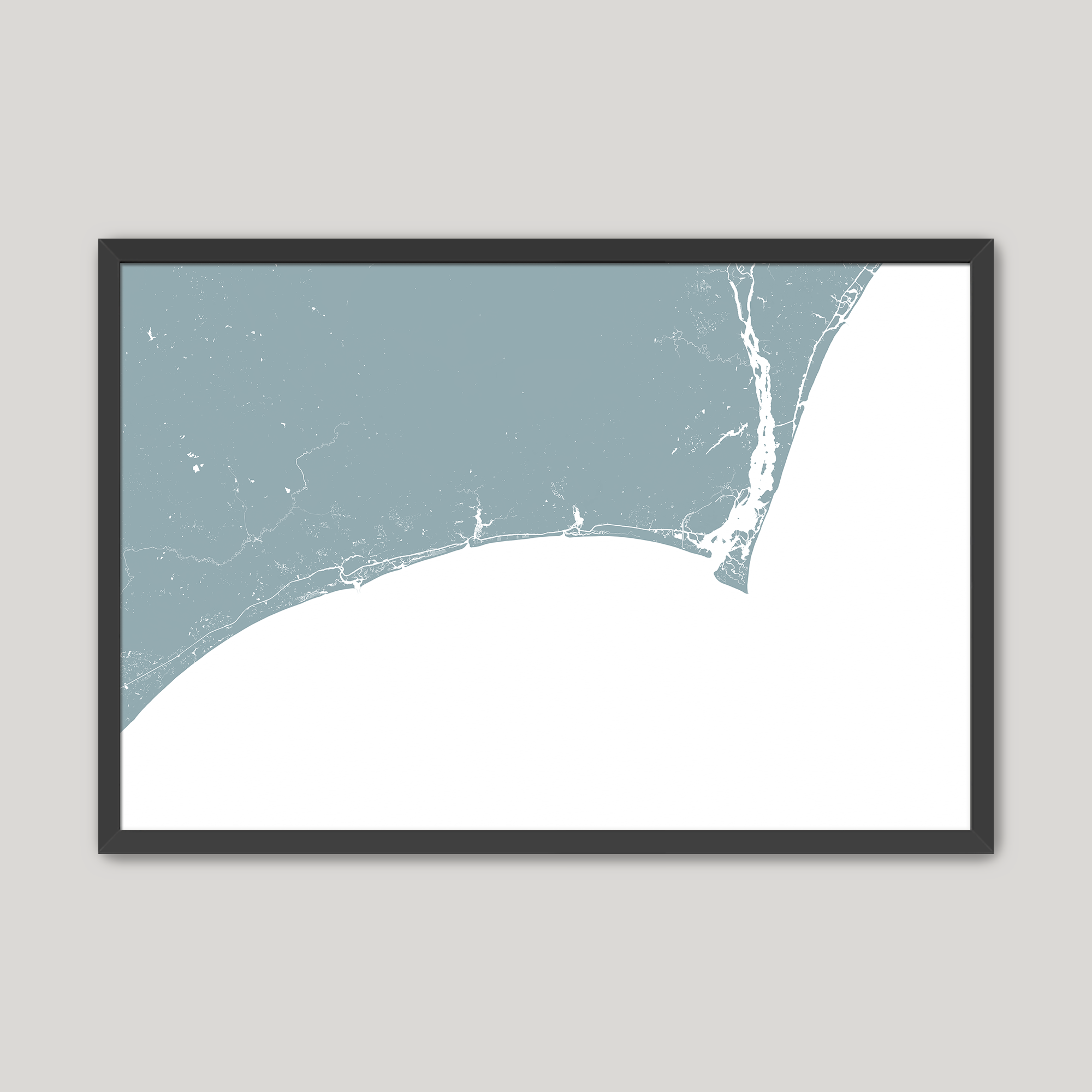 Brunswick Islands Coastal Map — Fine Art Print Horizontal, soft-blue, Black Frame, 10x8