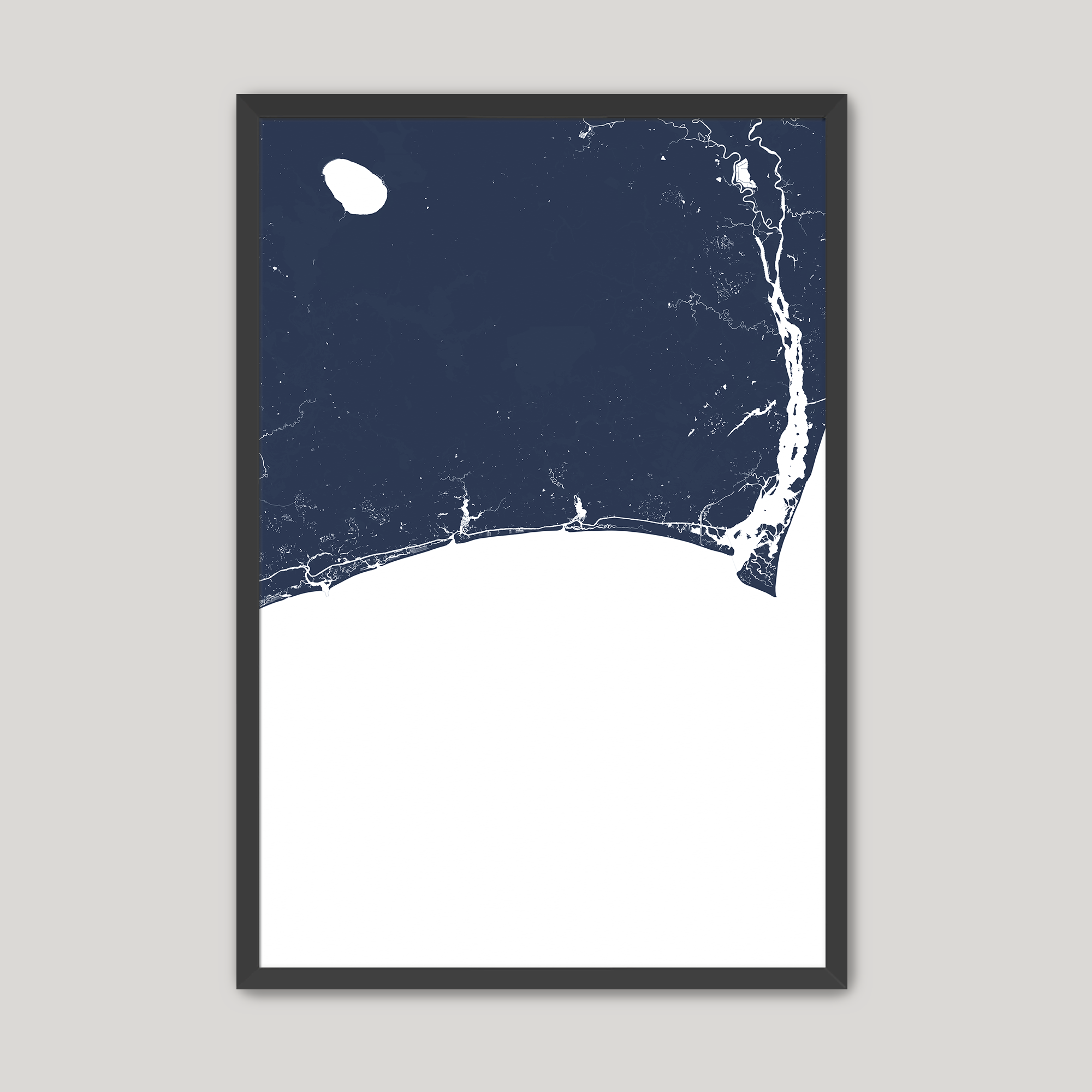 Brunswick Islands Coastal Map — Fine Art Print Vertical, navy, Black Frame, 12x16