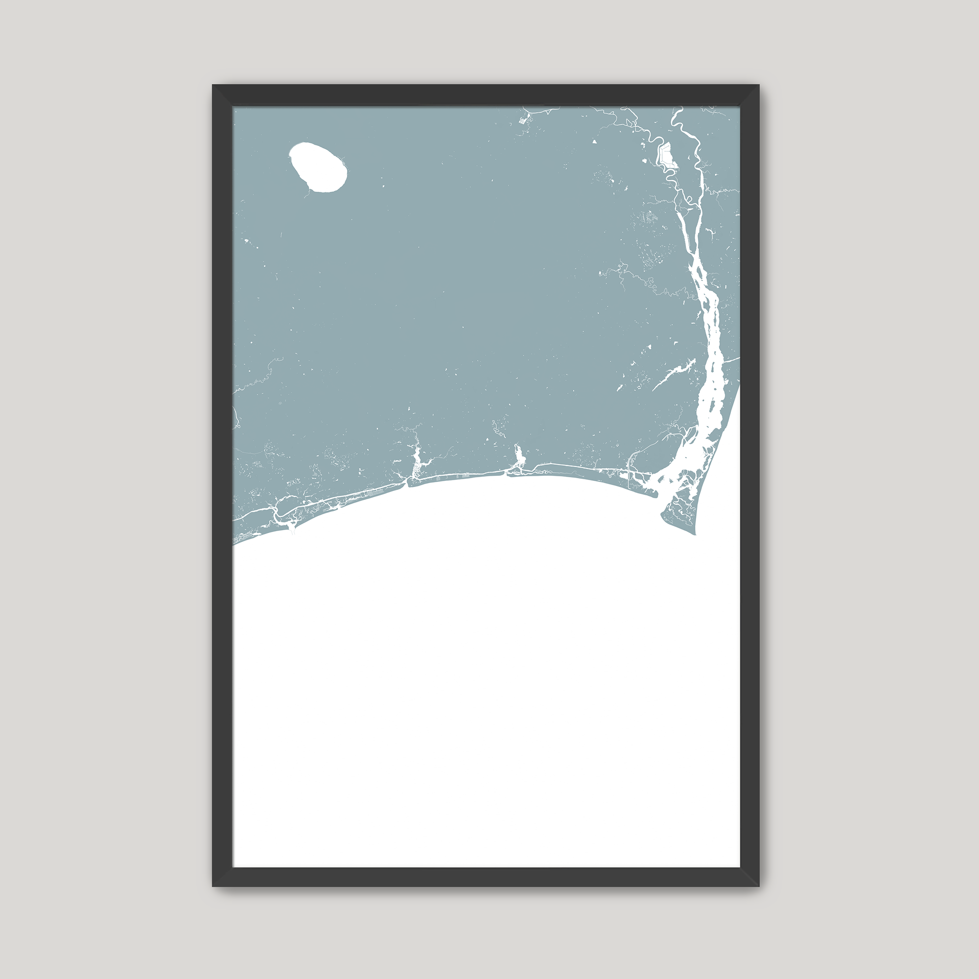 Brunswick Islands Coastal Map — Fine Art Print Vertical, soft-blue, Black Frame, 8x10