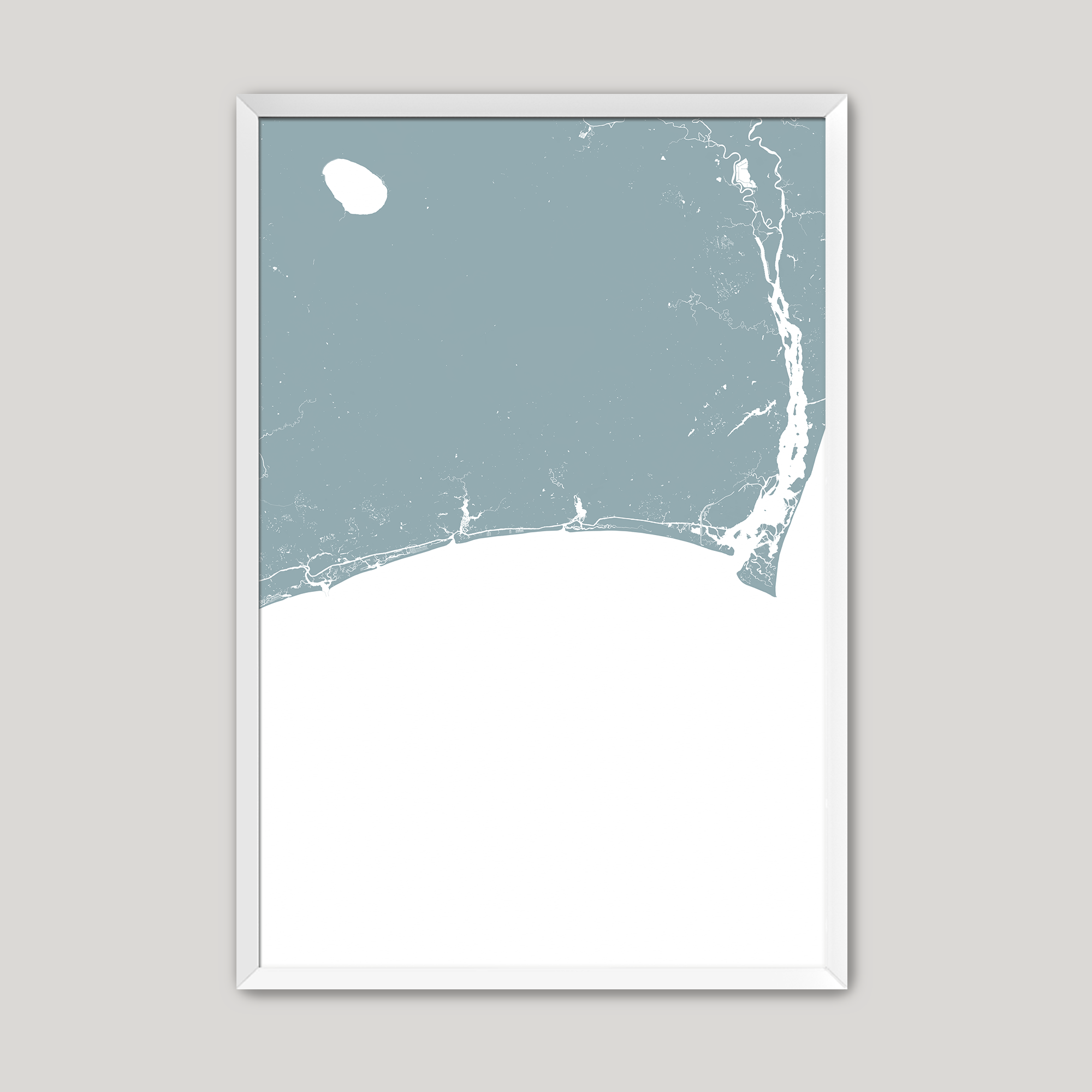 Brunswick Islands Coastal Map — Fine Art Print Vertical, soft-blue, White Frame, 8x10