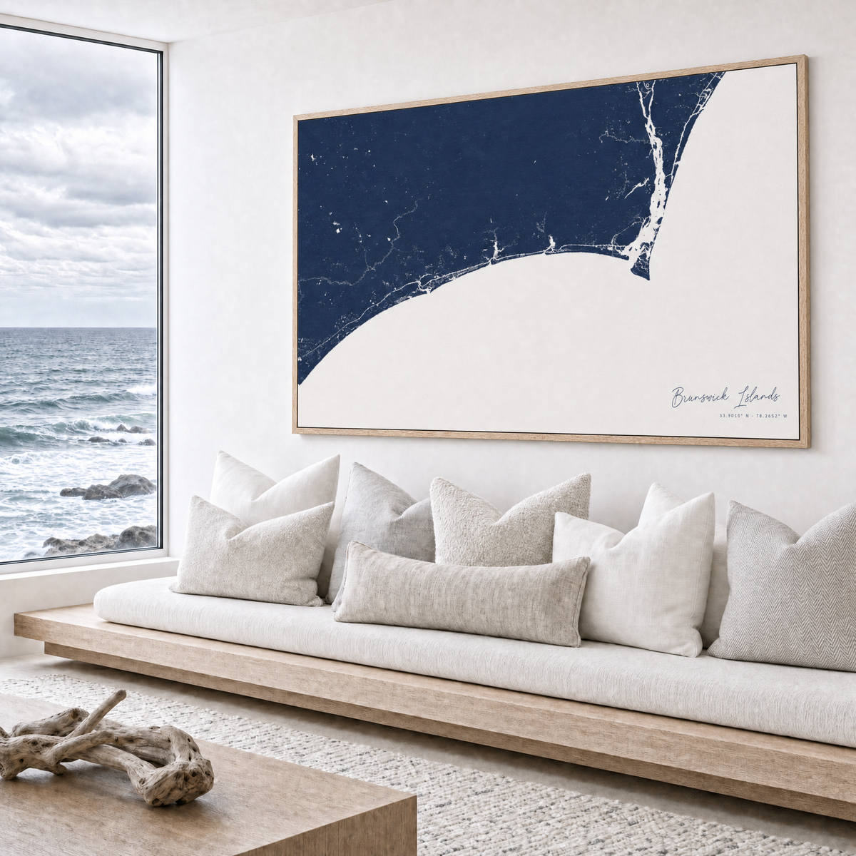 Brunswick Islands canvas map — sea-view bench interior