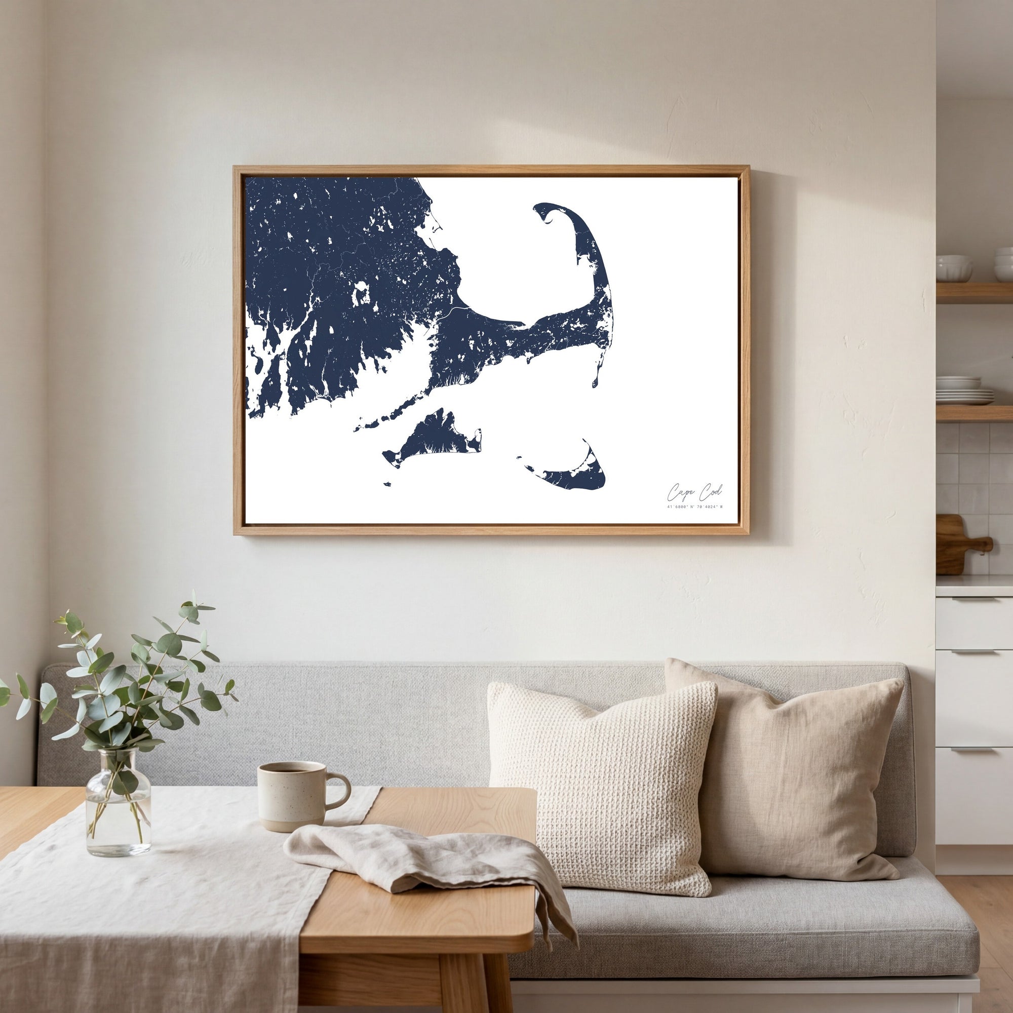Cape Cod navy horizontal canvas map in an oak framed room scene