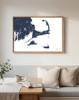 Cape Cod navy horizontal canvas map in an oak framed room scene