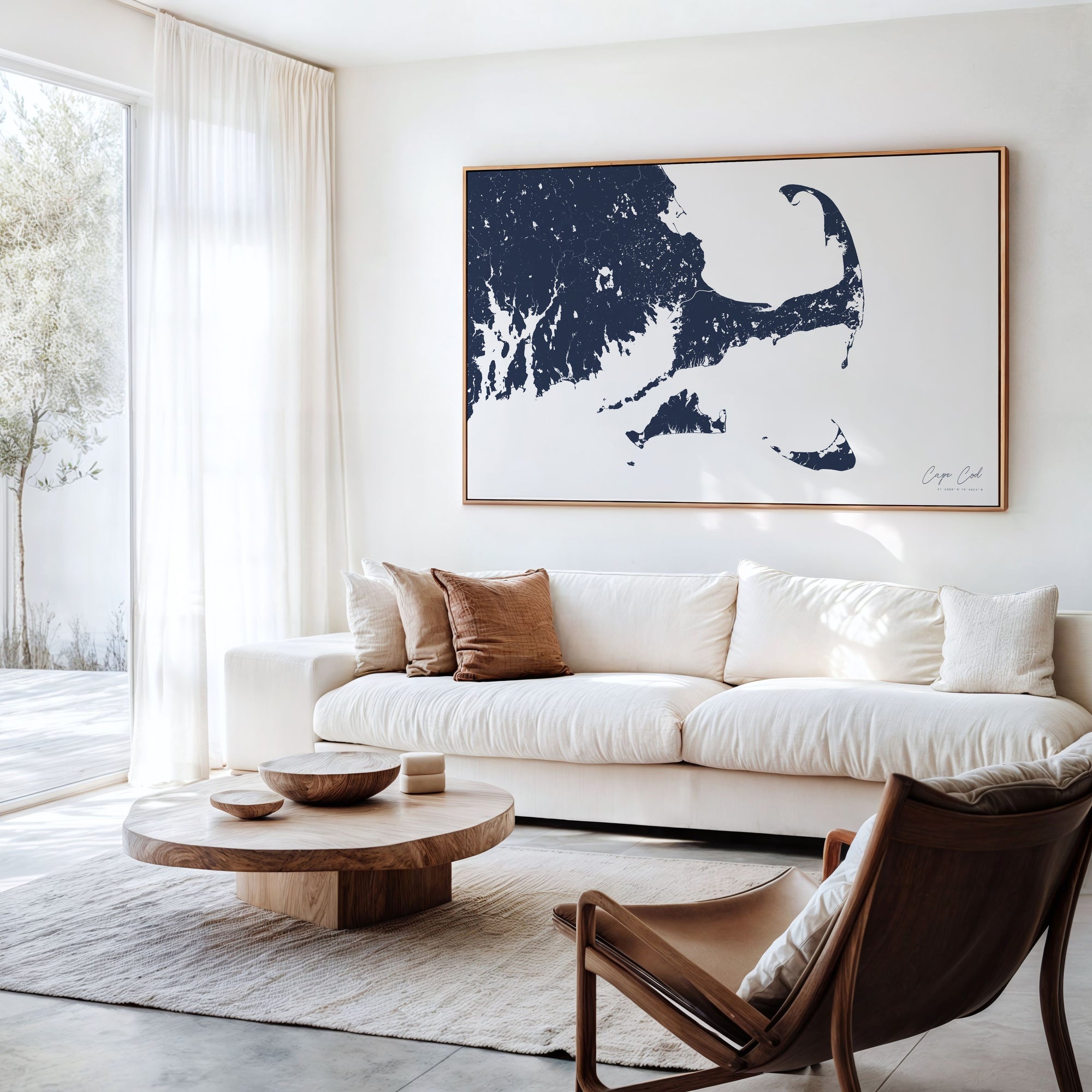 Cape Cod navy horizontal canvas map in an oak framed room scene