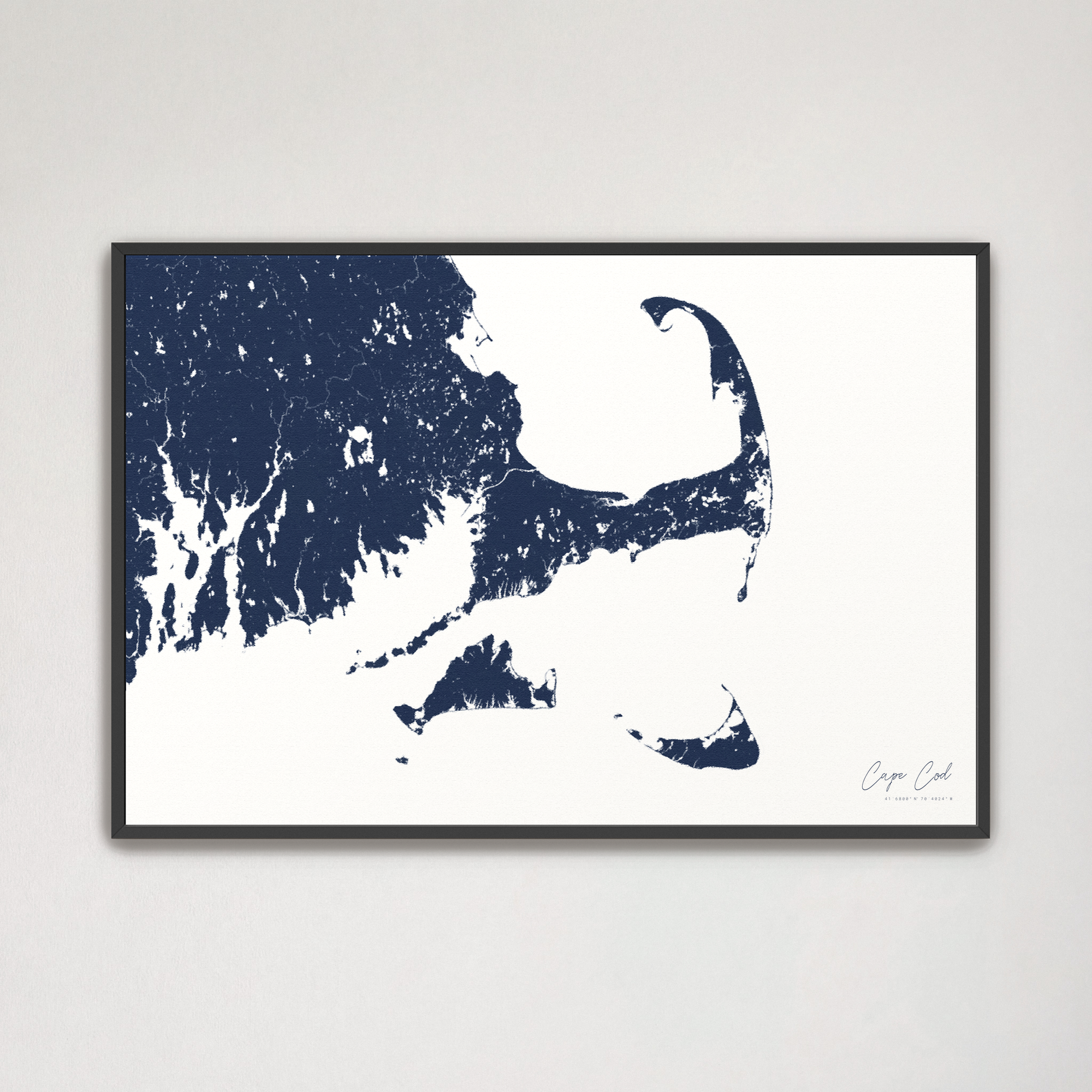 Cape Cod Coastal Map — Canvas Horizontal, navy, Black Frame