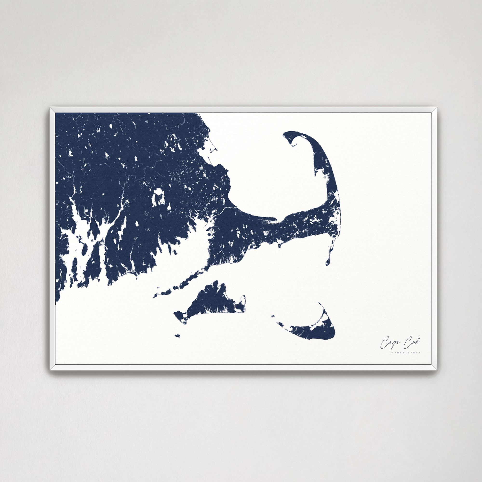 Cape Cod Coastal Map — Canvas Horizontal, navy, White Frame