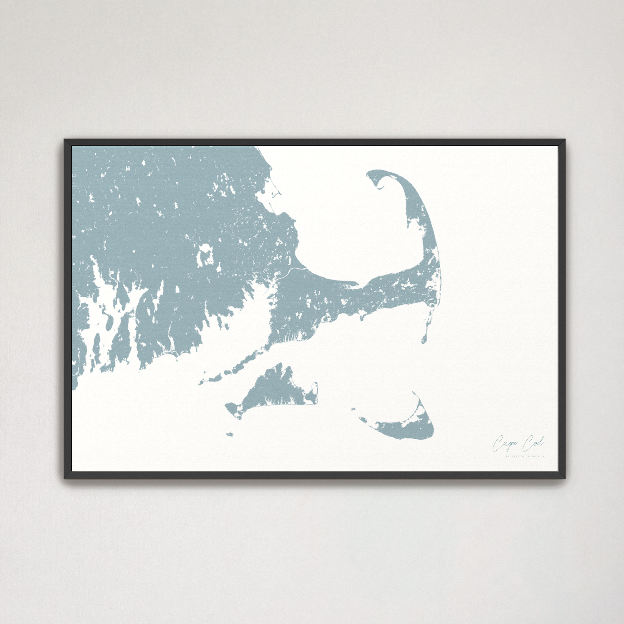 Cape Cod Coastal Map — Canvas Horizontal, soft-blue, Black Frame