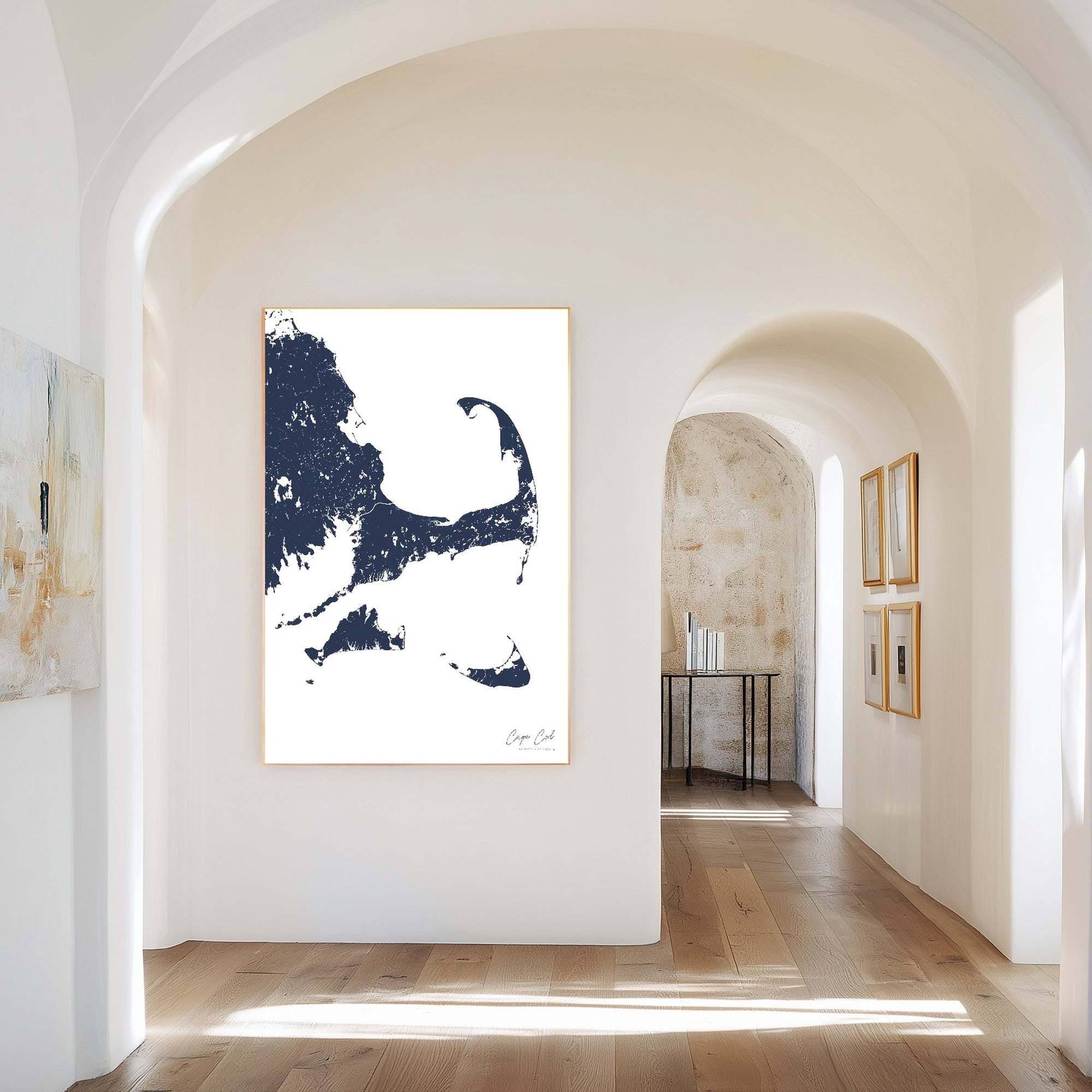 Cape Cod navy vertical canvas map in the Bello mixed room scene