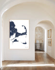 Cape Cod navy vertical canvas map in the Bello mixed room scene