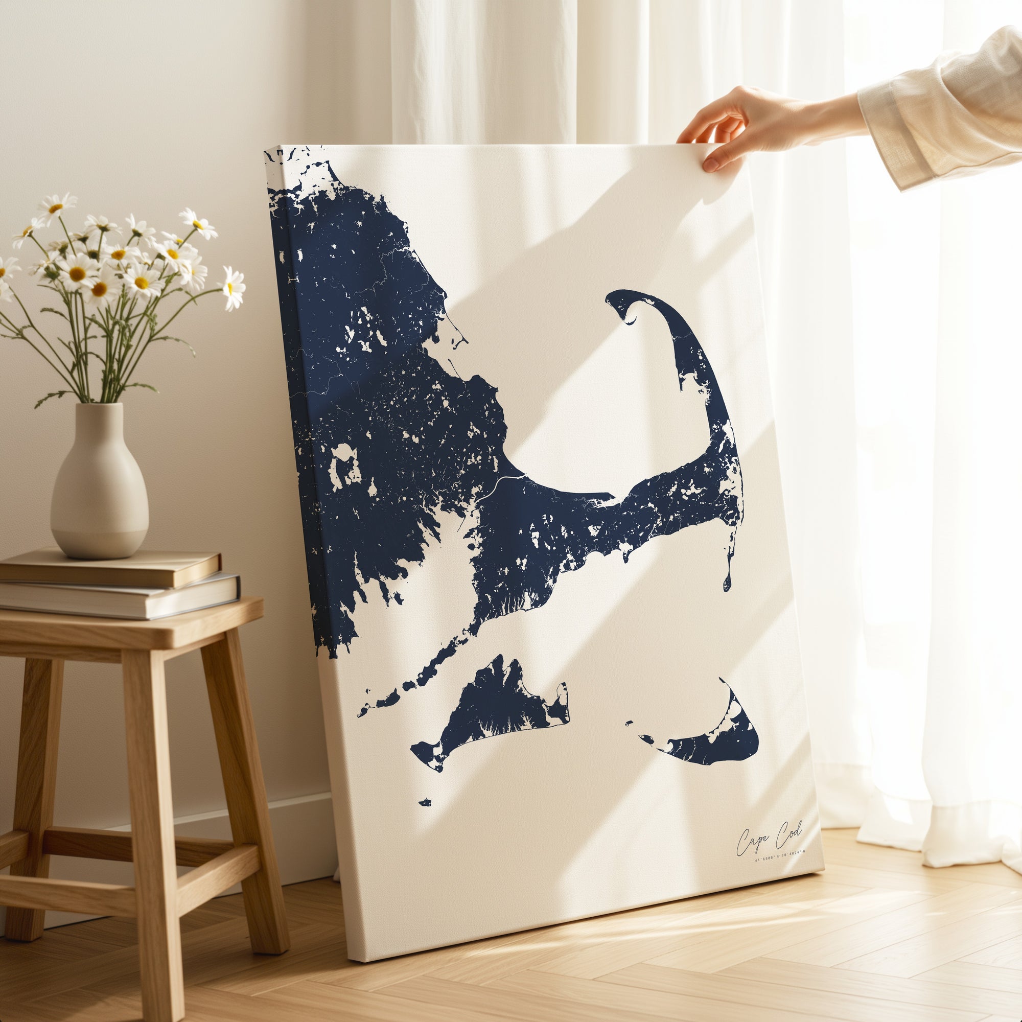 Cape Cod navy vertical wrapped canvas map in the ratio 2:3 hand mockup