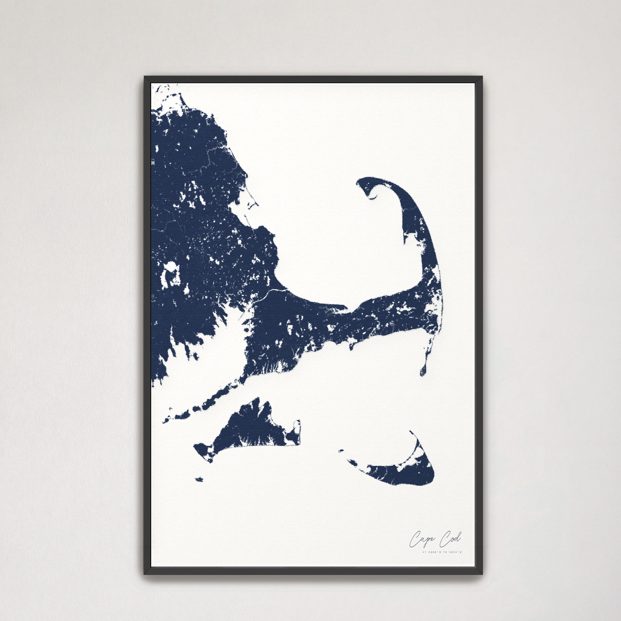 Cape Cod Coastal Map — Canvas Vertical, navy, Black Frame