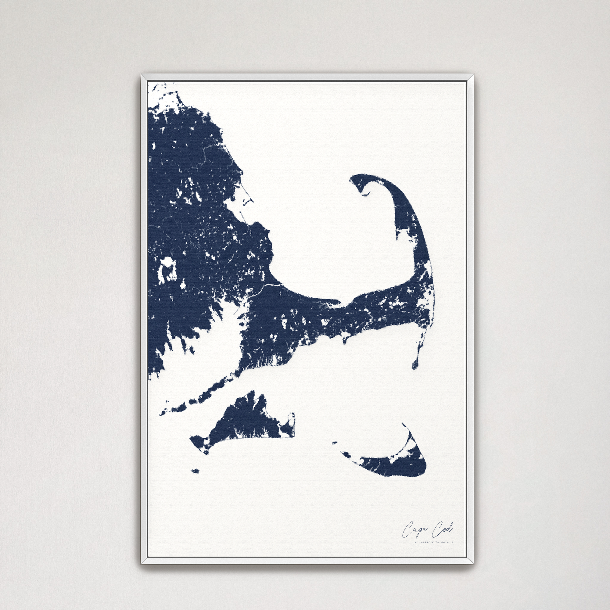 Cape Cod Coastal Map — Canvas Vertical, navy, White Frame