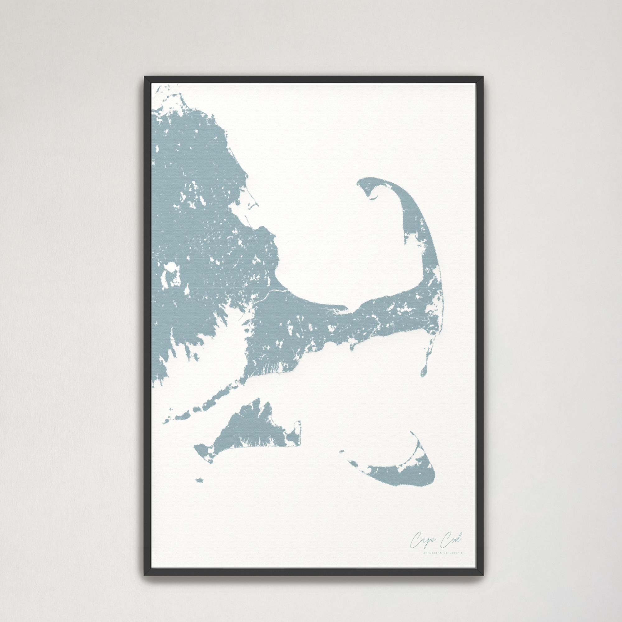 Cape Cod Coastal Map — Canvas Vertical, soft-blue, Black Frame