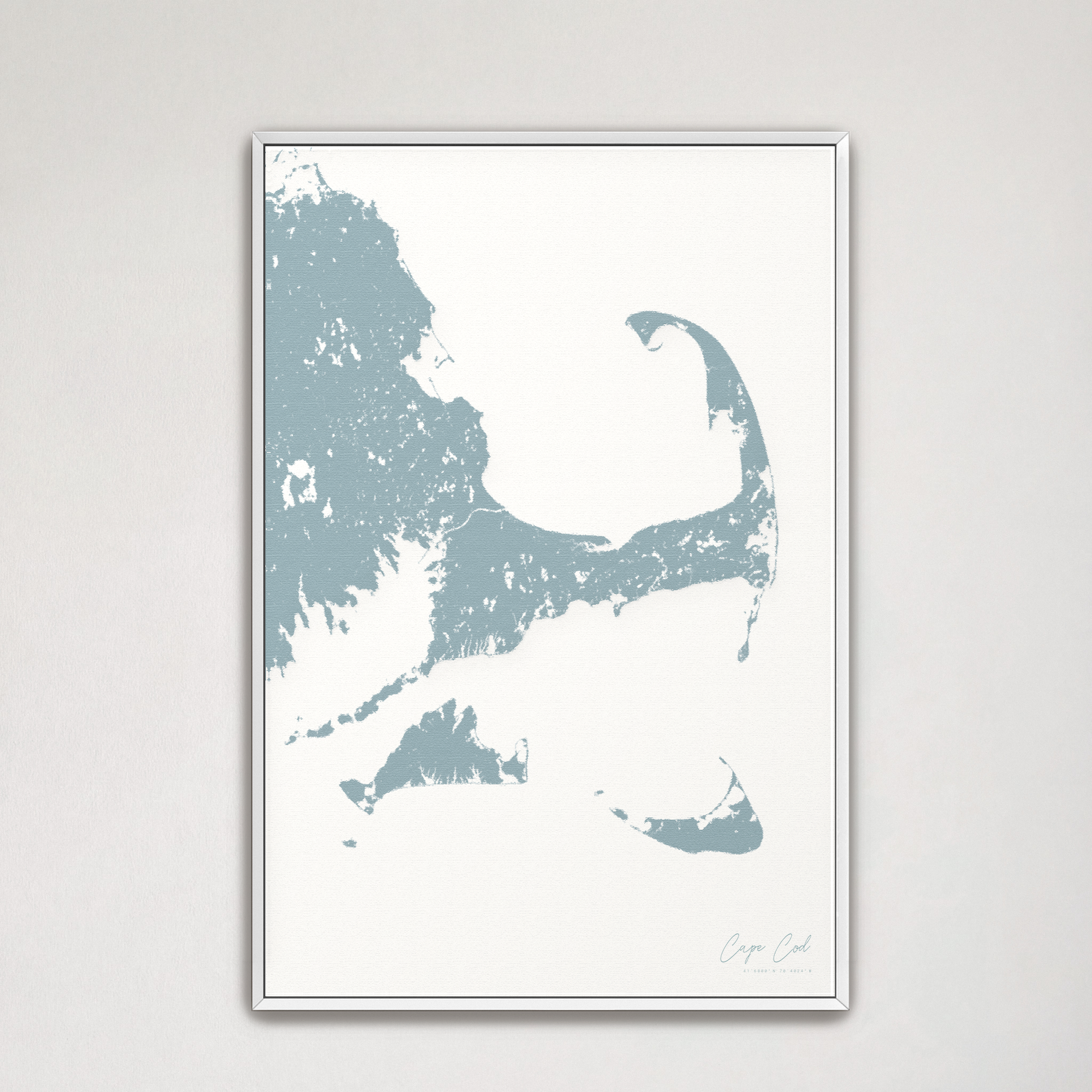 Cape Cod Coastal Map — Canvas Vertical, soft-blue, White Frame