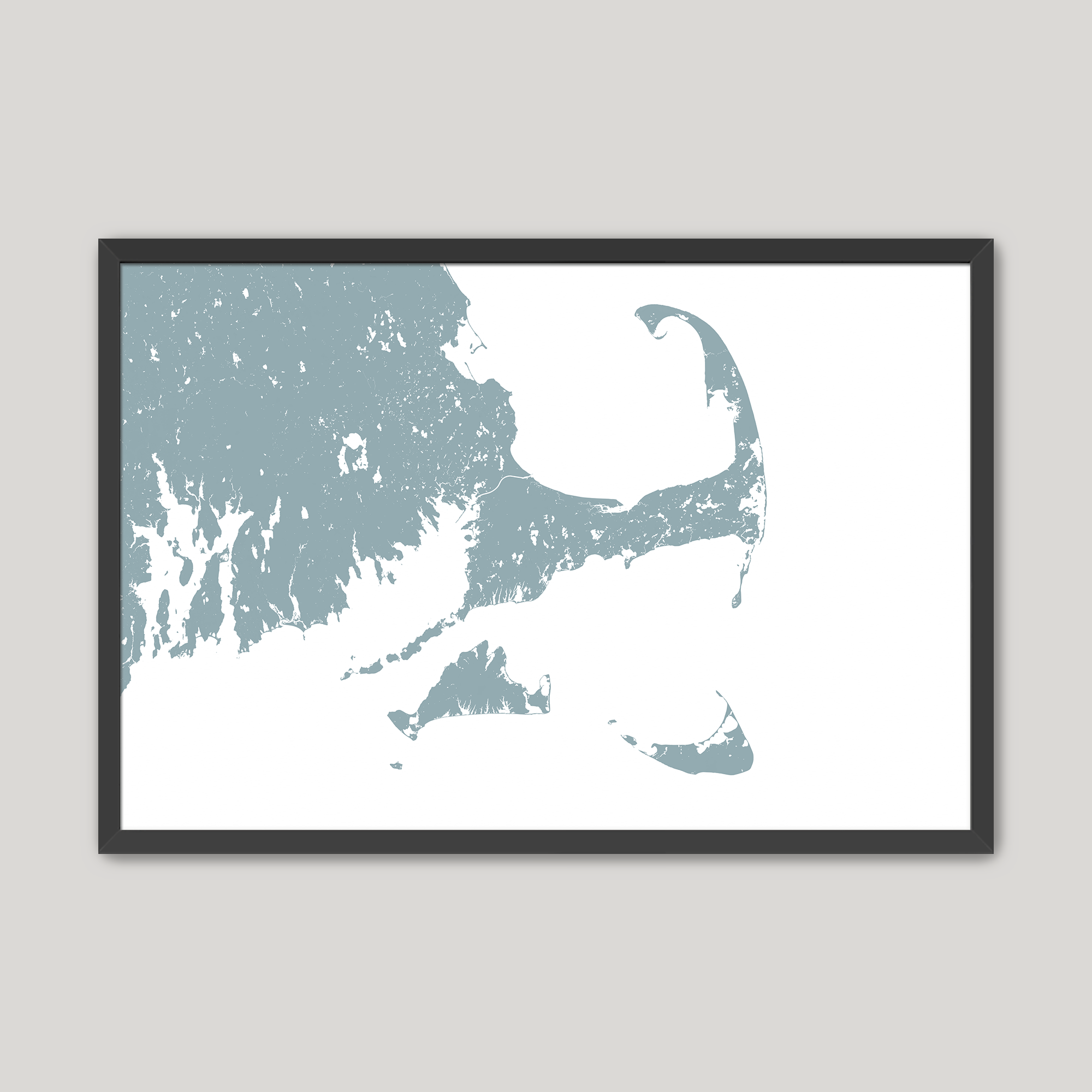 Cape Cod Coastal Map — Fine Art Print Horizontal, soft-blue, Black Frame, 10x8