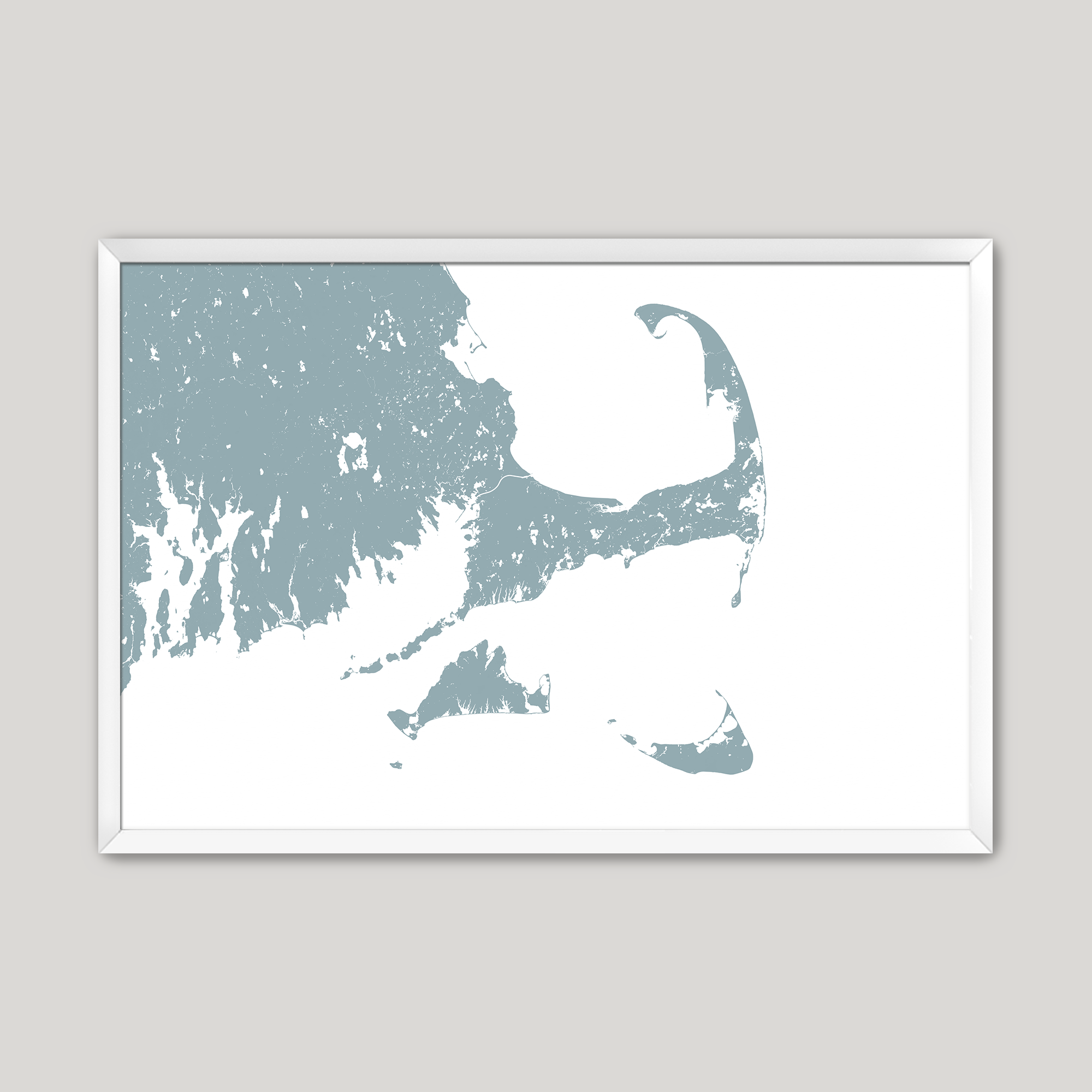 Cape Cod Coastal Map — Fine Art Print Horizontal, soft-blue, White Frame, 10x8
