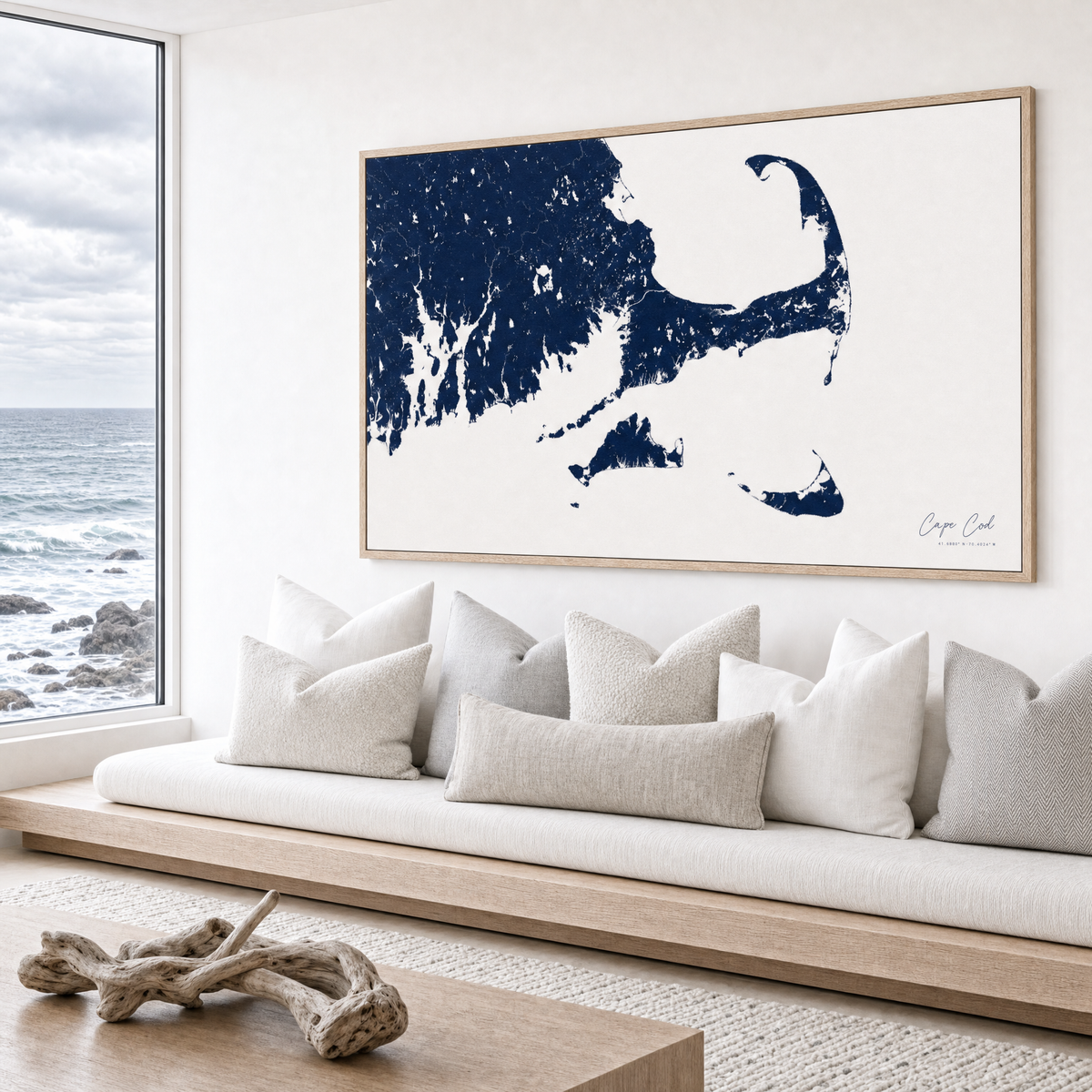 Cape Cod canvas map — sea-view bench interior