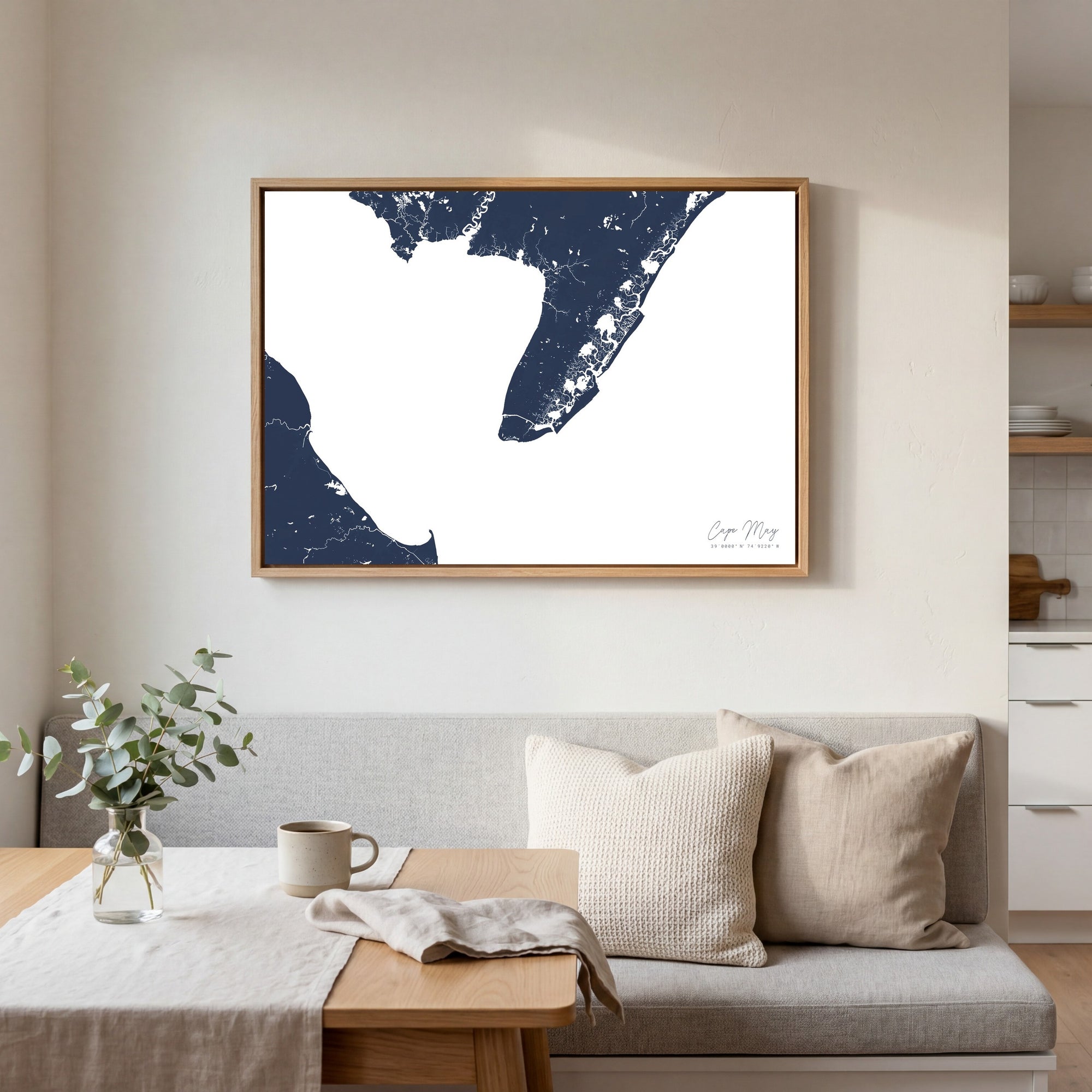 Cape May navy horizontal canvas map in an oak framed room scene