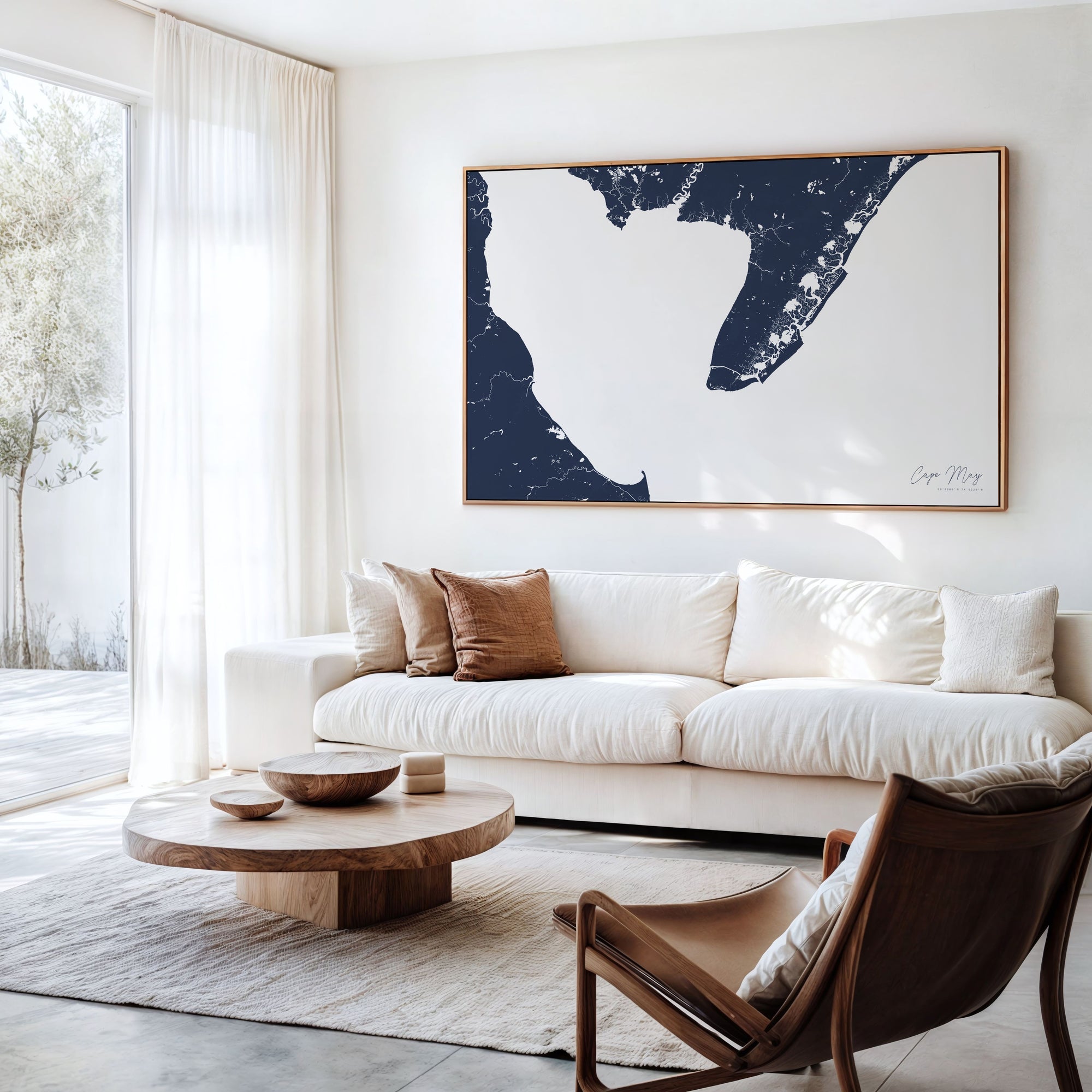 Cape May navy horizontal canvas map in an oak framed room scene