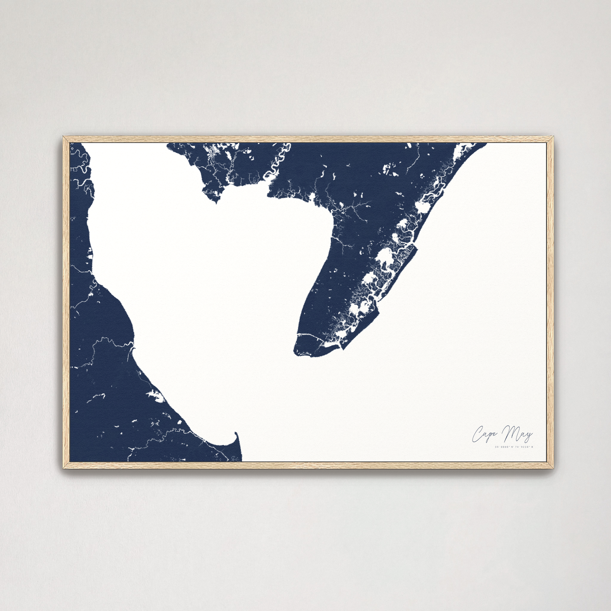 Cape May Coastal Map — Canvas Horizontal, navy, Natural Oak