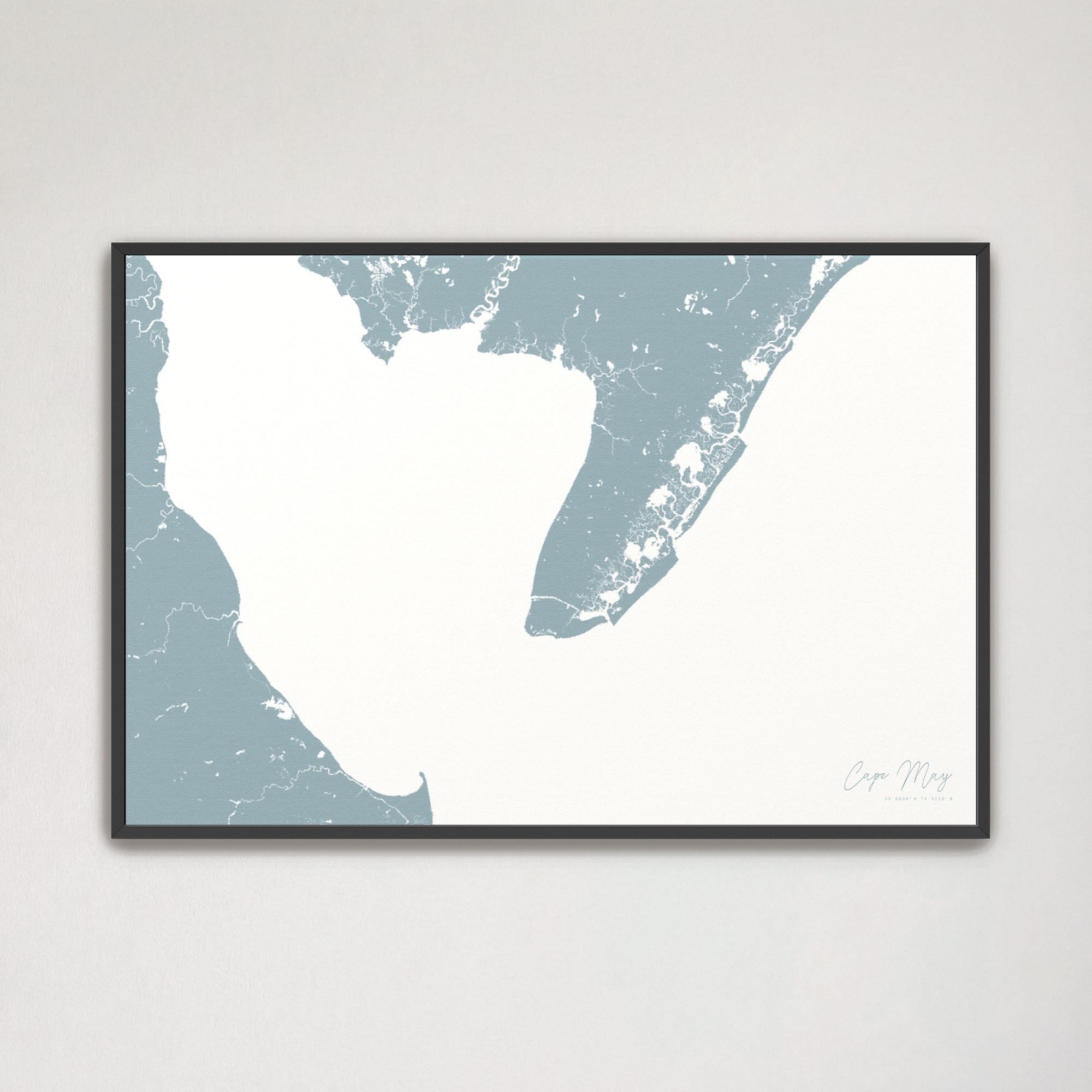 Cape May Coastal Map — Canvas Horizontal, soft-blue, Black Frame