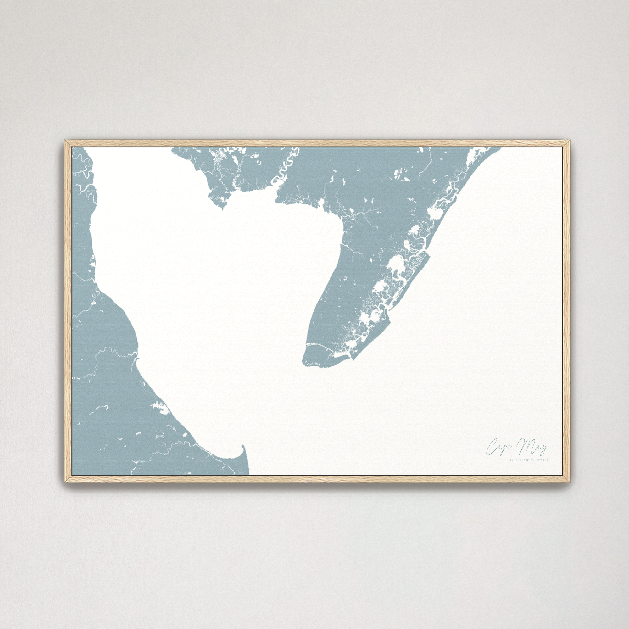 Cape May Coastal Map — Canvas Horizontal, soft-blue, Natural Oak