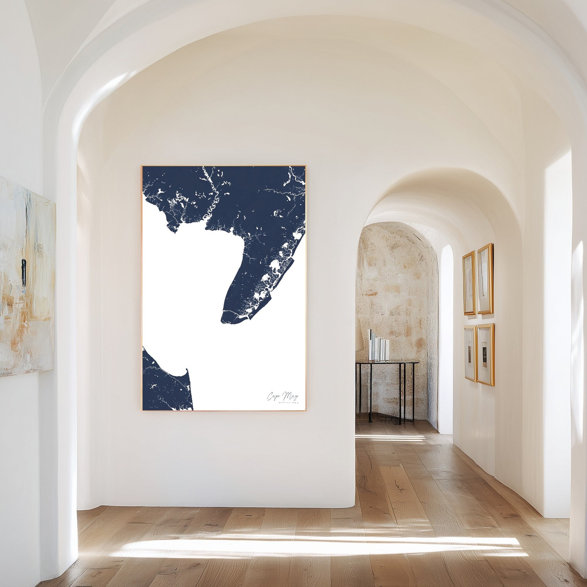 Cape May navy vertical canvas map in the Bello mixed room scene