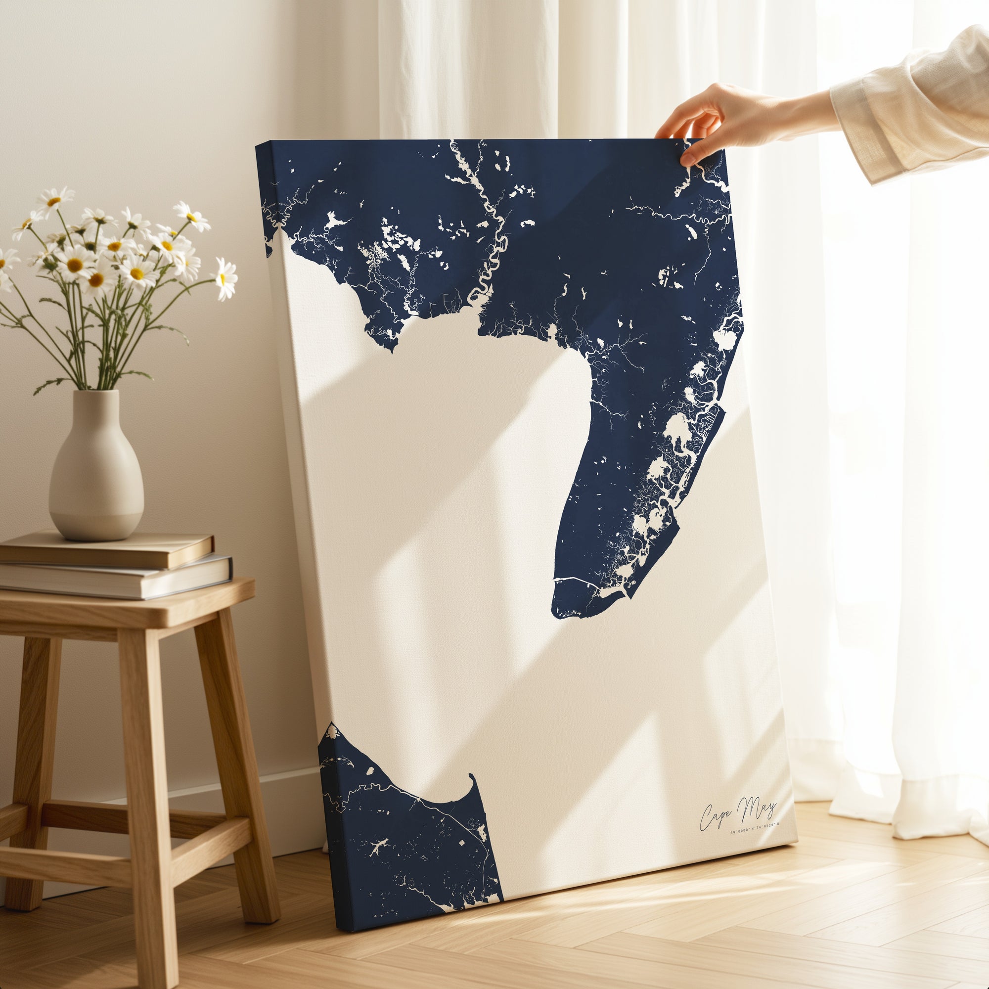 Cape May navy vertical wrapped canvas map in the ratio 2:3 hand mockup