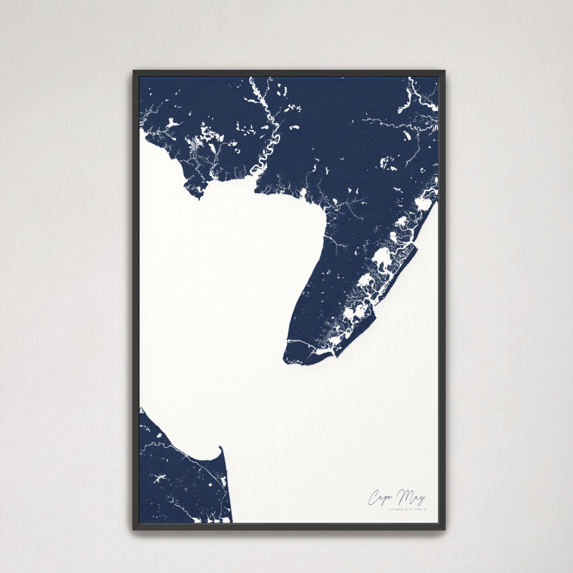 Cape May Coastal Map — Canvas Vertical, navy, Black Frame
