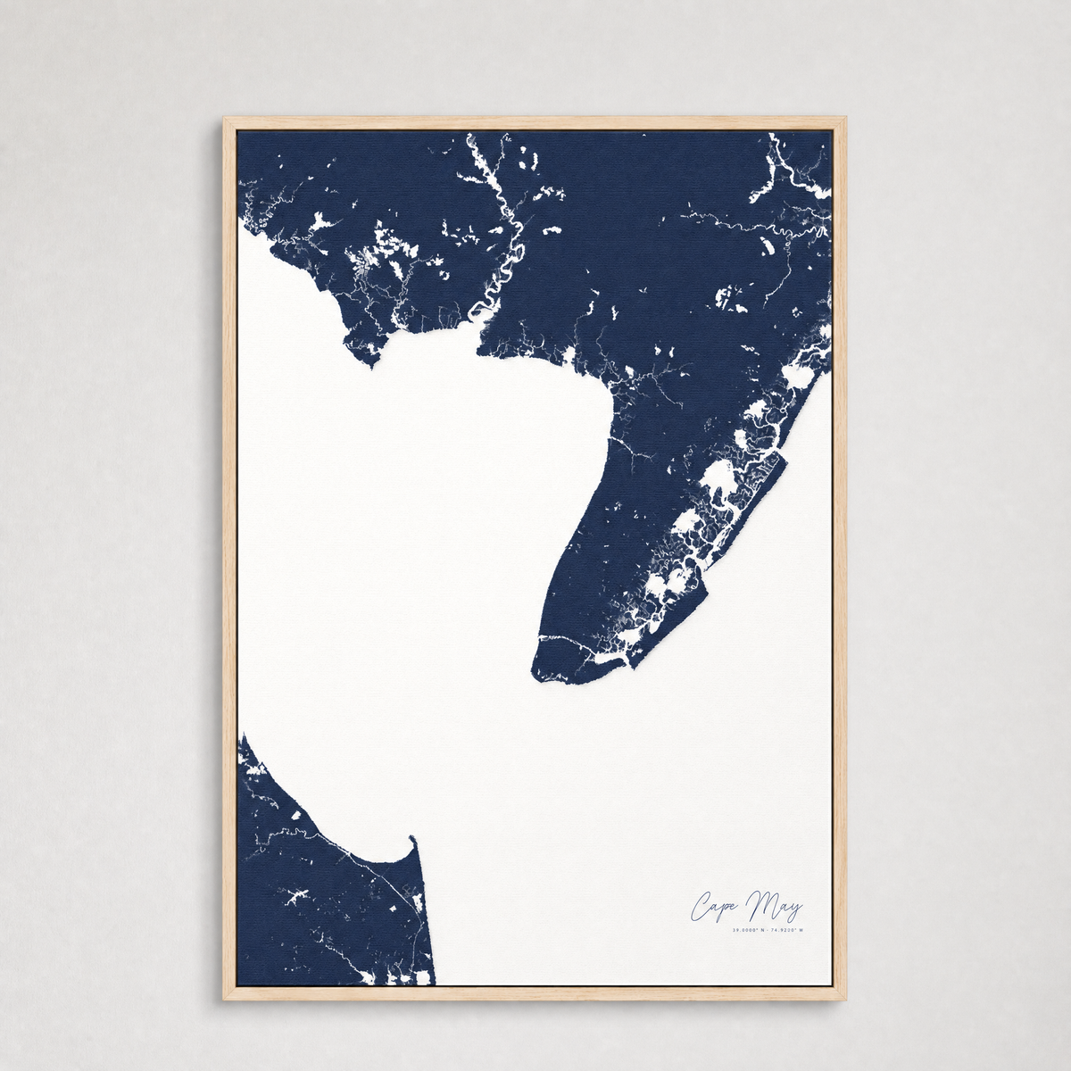 Cape May Coastal Map — Canvas Vertical — navy, Light Wood