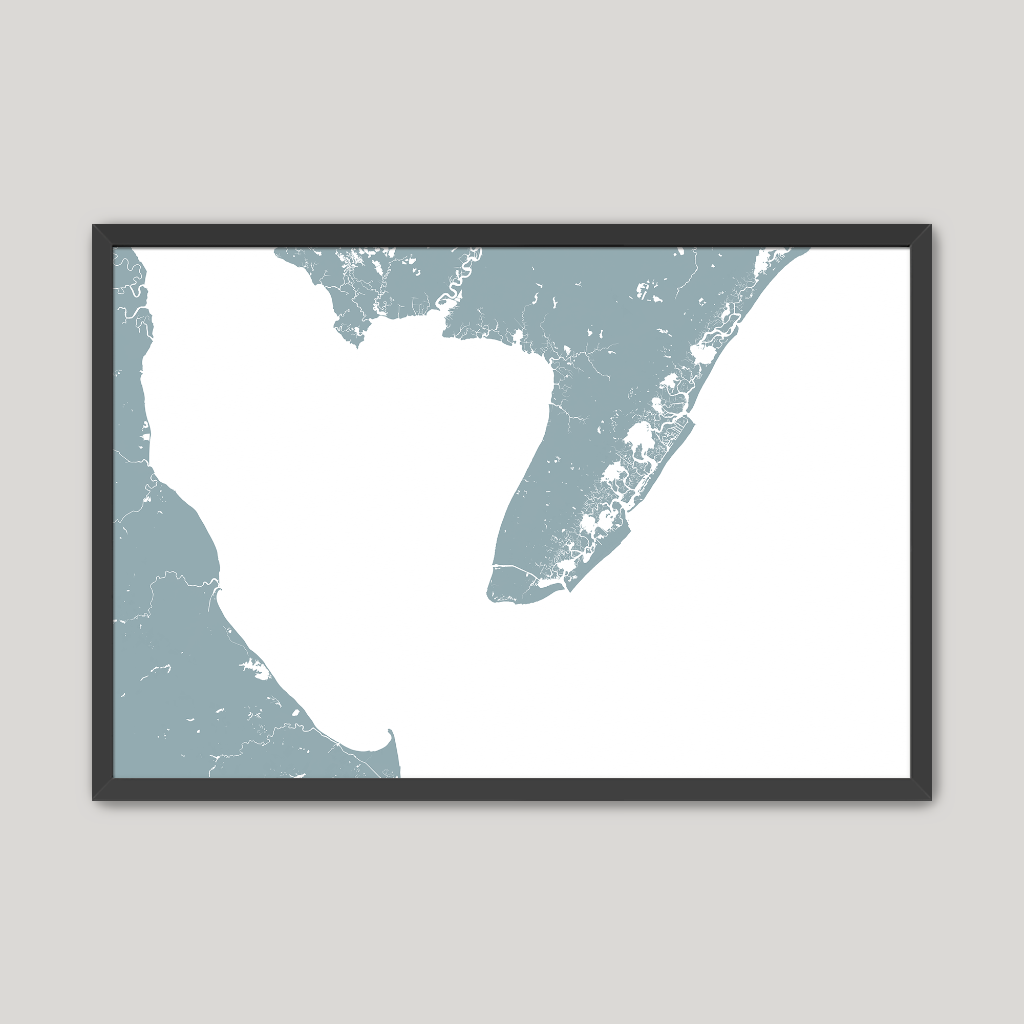 Cape May Coastal Map — Fine Art Print Horizontal, soft-blue, Black Frame, 10x8
