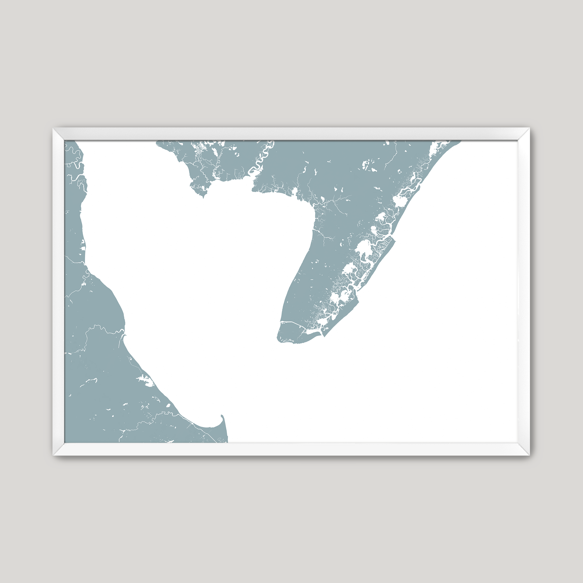 Cape May Coastal Map — Fine Art Print Horizontal, soft-blue, White Frame, 10x8