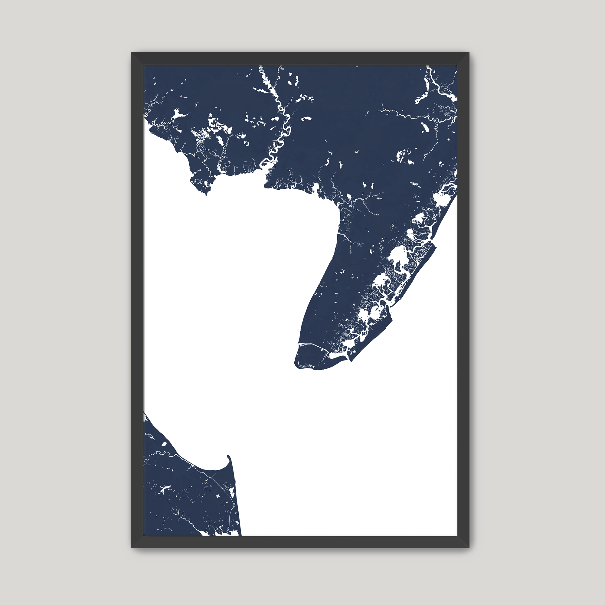 Cape May Coastal Map — Fine Art Print Vertical, navy, Black Frame, 8x10