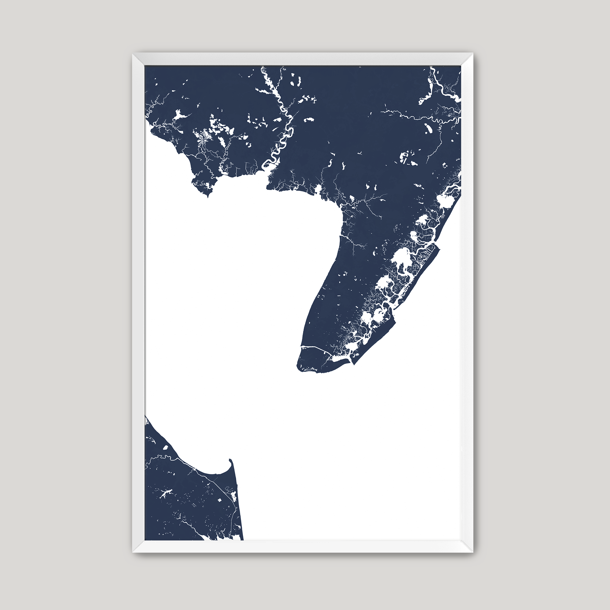 Cape May Coastal Map — Fine Art Print Vertical, navy, White Frame, 8x10