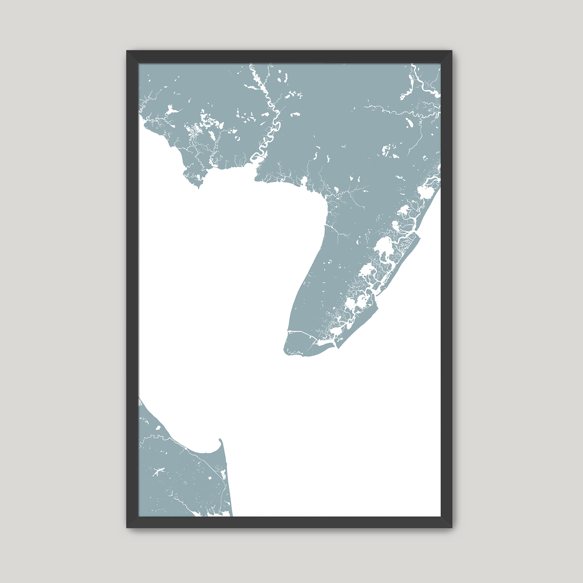 Cape May Coastal Map — Fine Art Print Vertical, soft-blue, Black Frame, 8x10