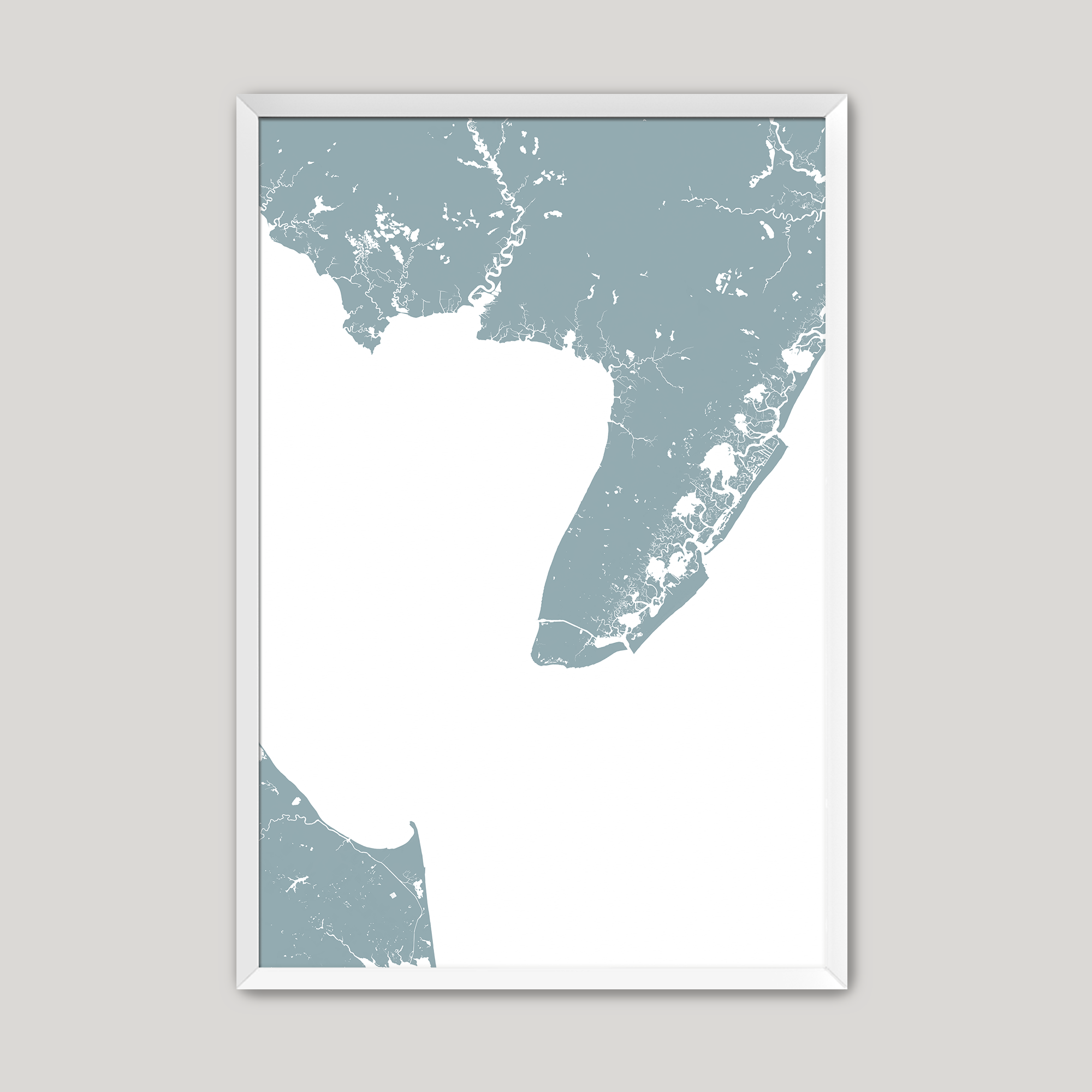 Cape May Coastal Map — Fine Art Print Vertical, soft-blue, White Frame, 8x10