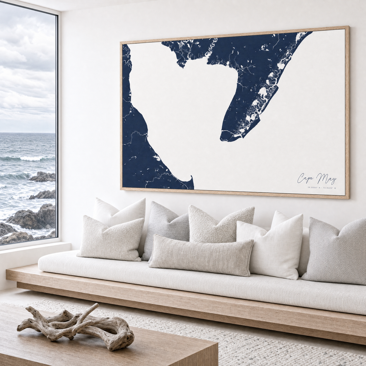 Cape May canvas map — sea-view bench interior
