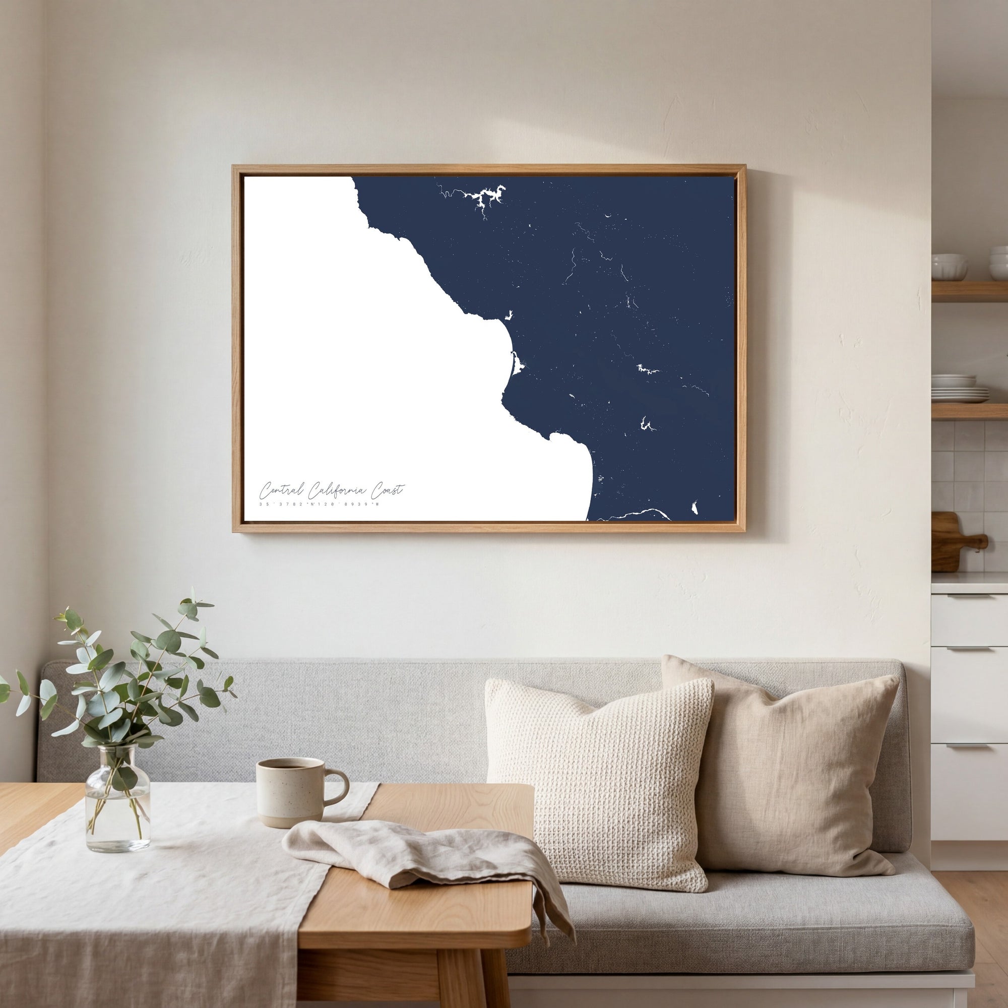 Central California Coast navy horizontal canvas map in an oak framed room scene