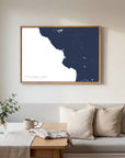 Central California Coast navy horizontal canvas map in an oak framed room scene