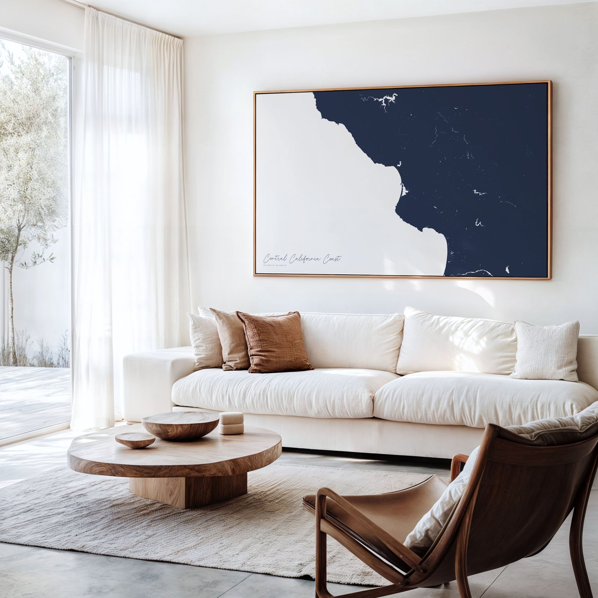 Central California Coast navy horizontal canvas map in an oak framed room scene